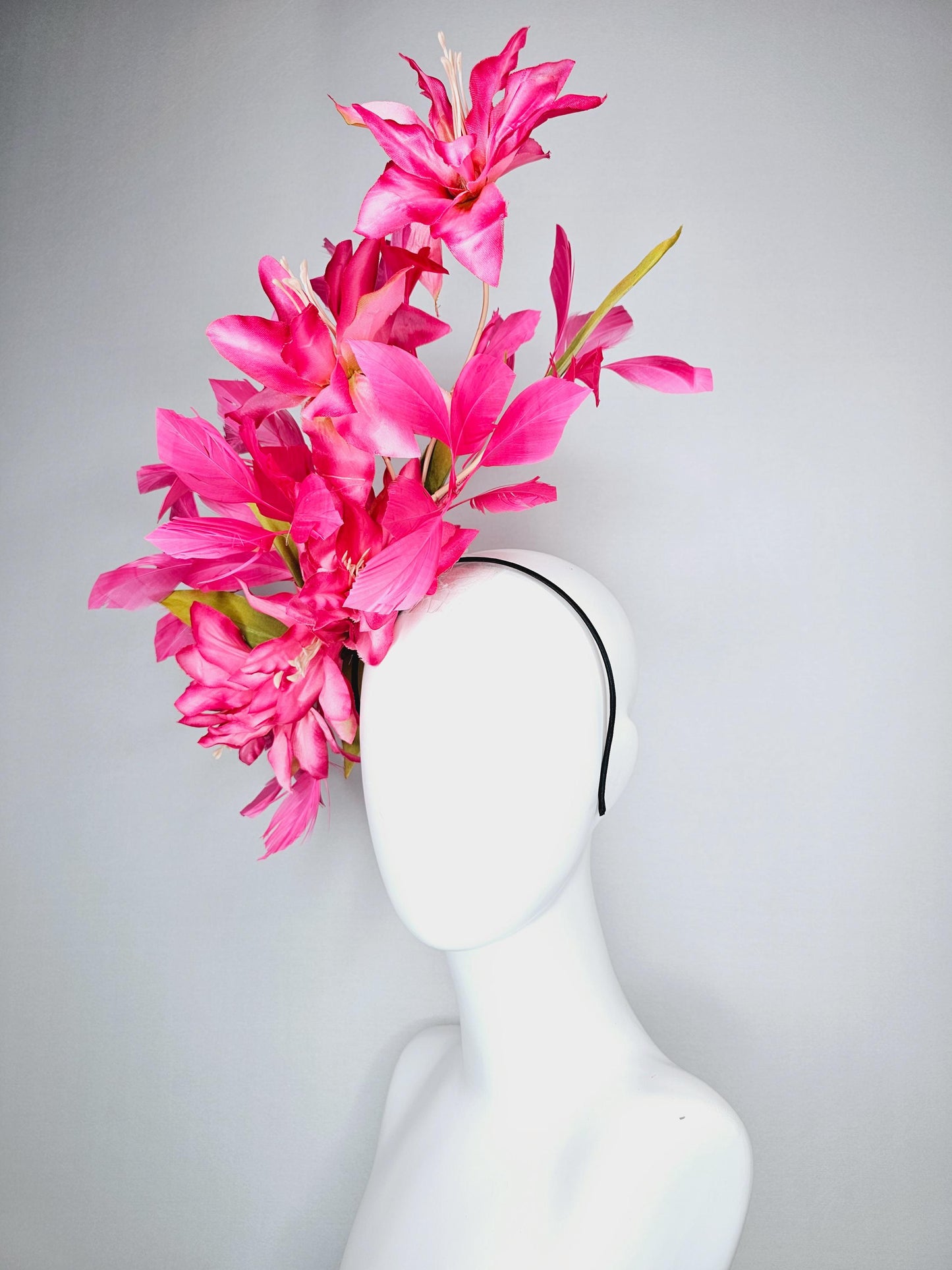 kentucky derby hat fascinator raspberry pink ombre satin silk flowers with green leaves and hot fuchsia pink branching feathers
