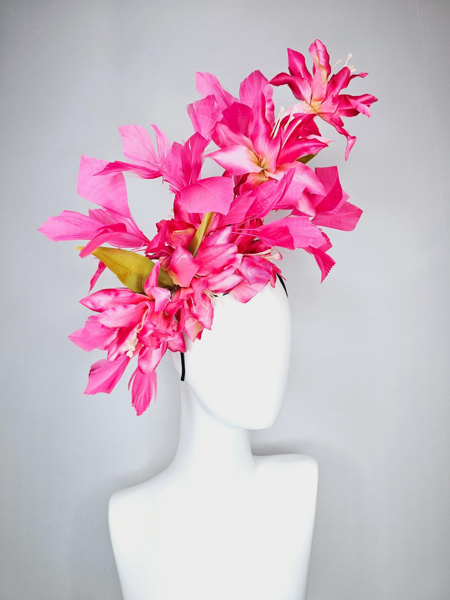kentucky derby hat fascinator raspberry pink ombre satin silk flowers with green leaves and hot fuchsia pink branching feathers