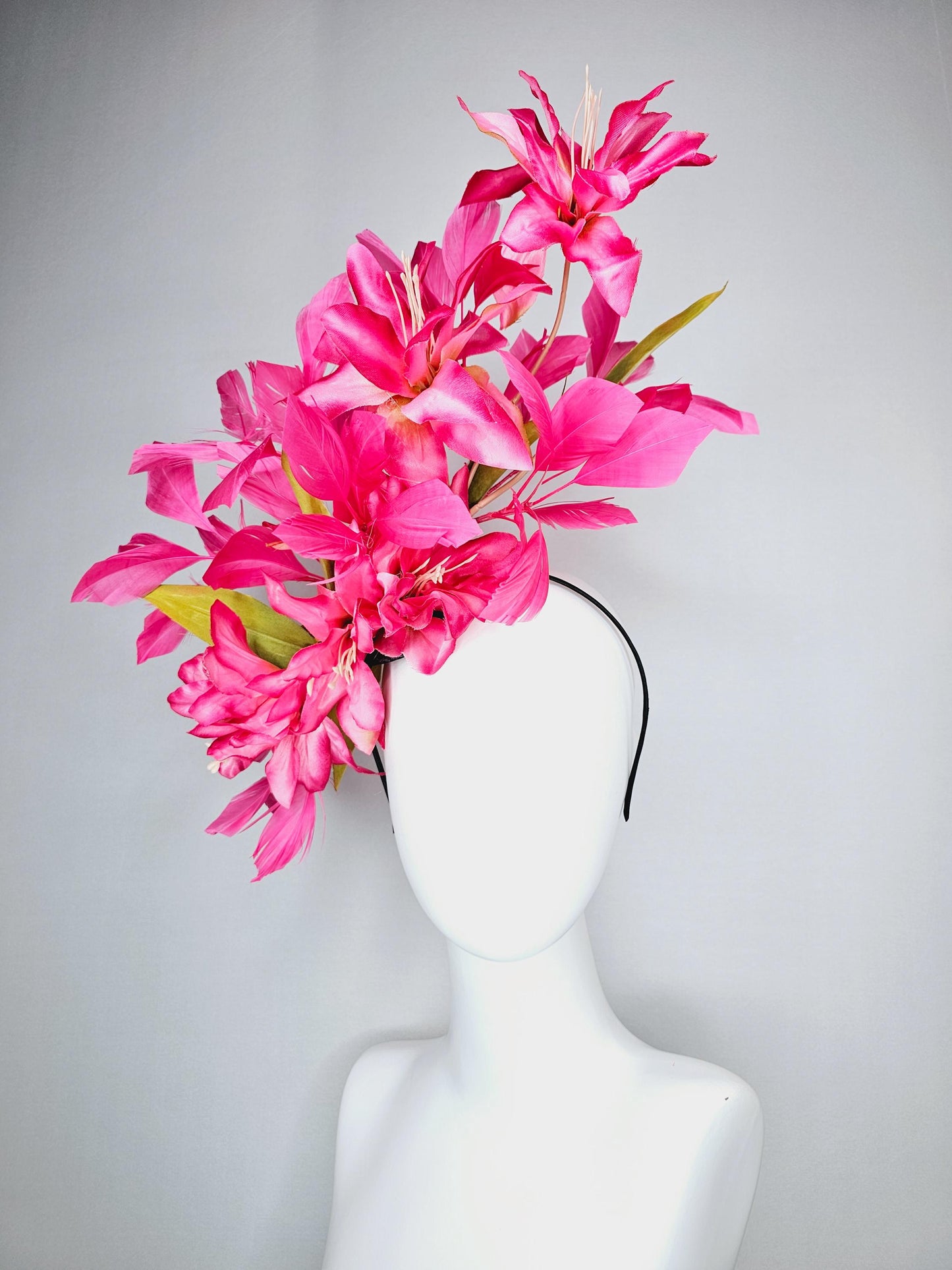 kentucky derby hat fascinator raspberry pink ombre satin silk flowers with green leaves and hot fuchsia pink branching feathers