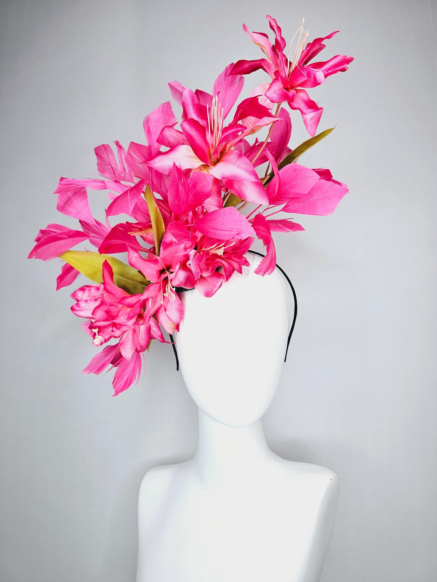kentucky derby hat fascinator raspberry pink ombre satin silk flowers with green leaves and hot fuchsia pink branching feathers