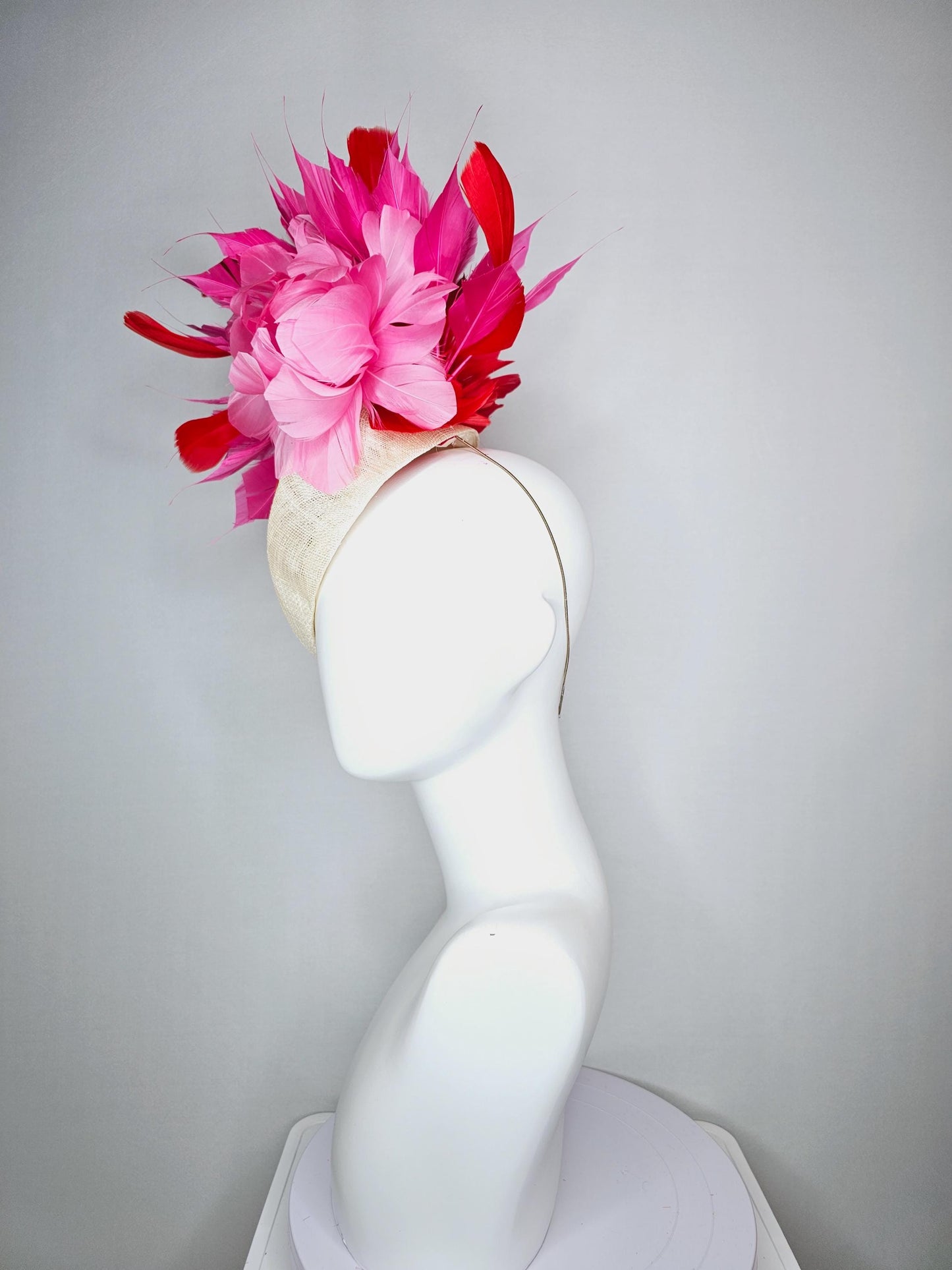 kentucky derby hat fascinator neutral beige  pointed teardrop perch sinamay with fluffy blush pink feather flower and pink red feathers