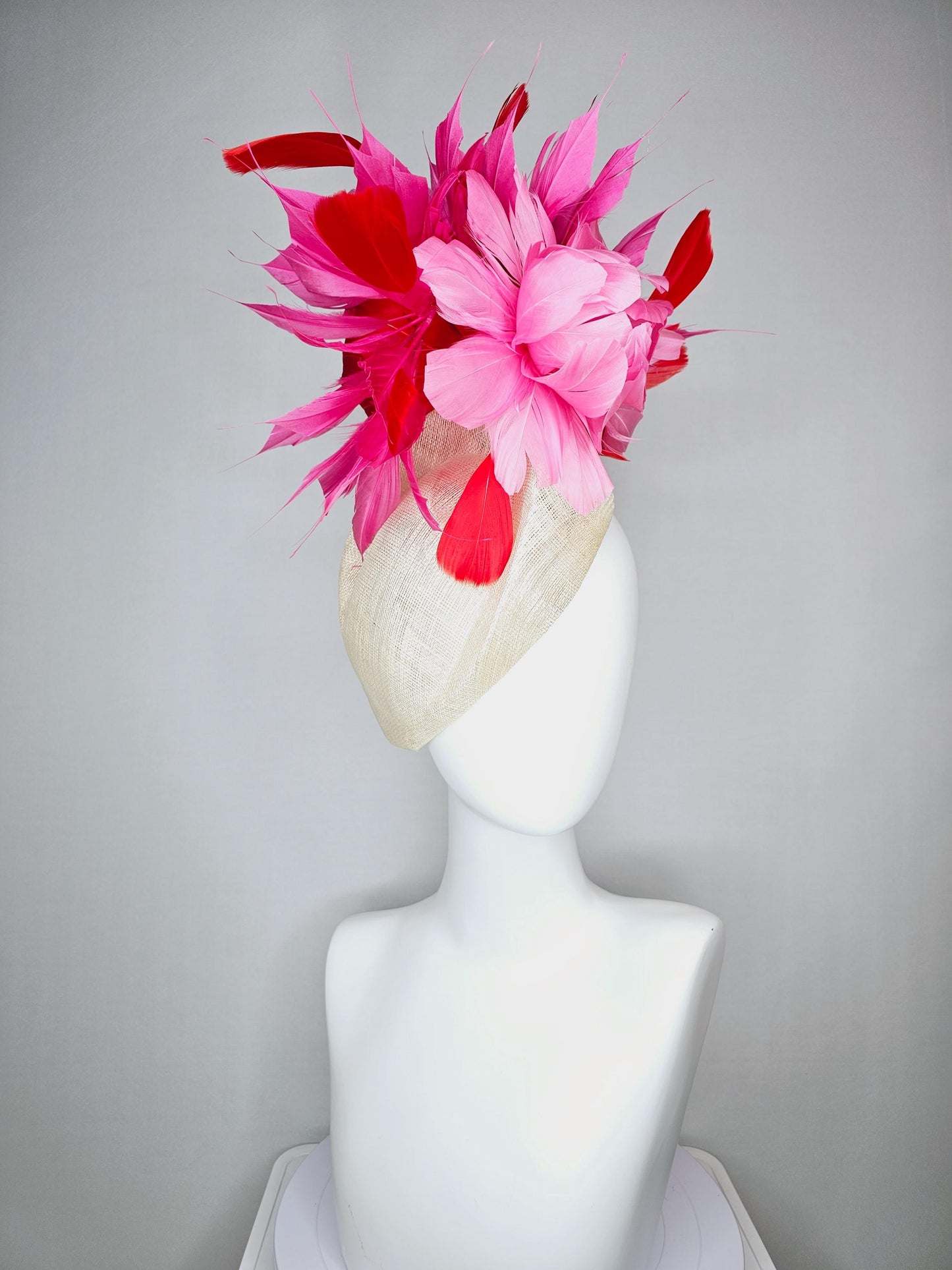 kentucky derby hat fascinator neutral beige  pointed teardrop perch sinamay with fluffy blush pink feather flower and pink red feathers