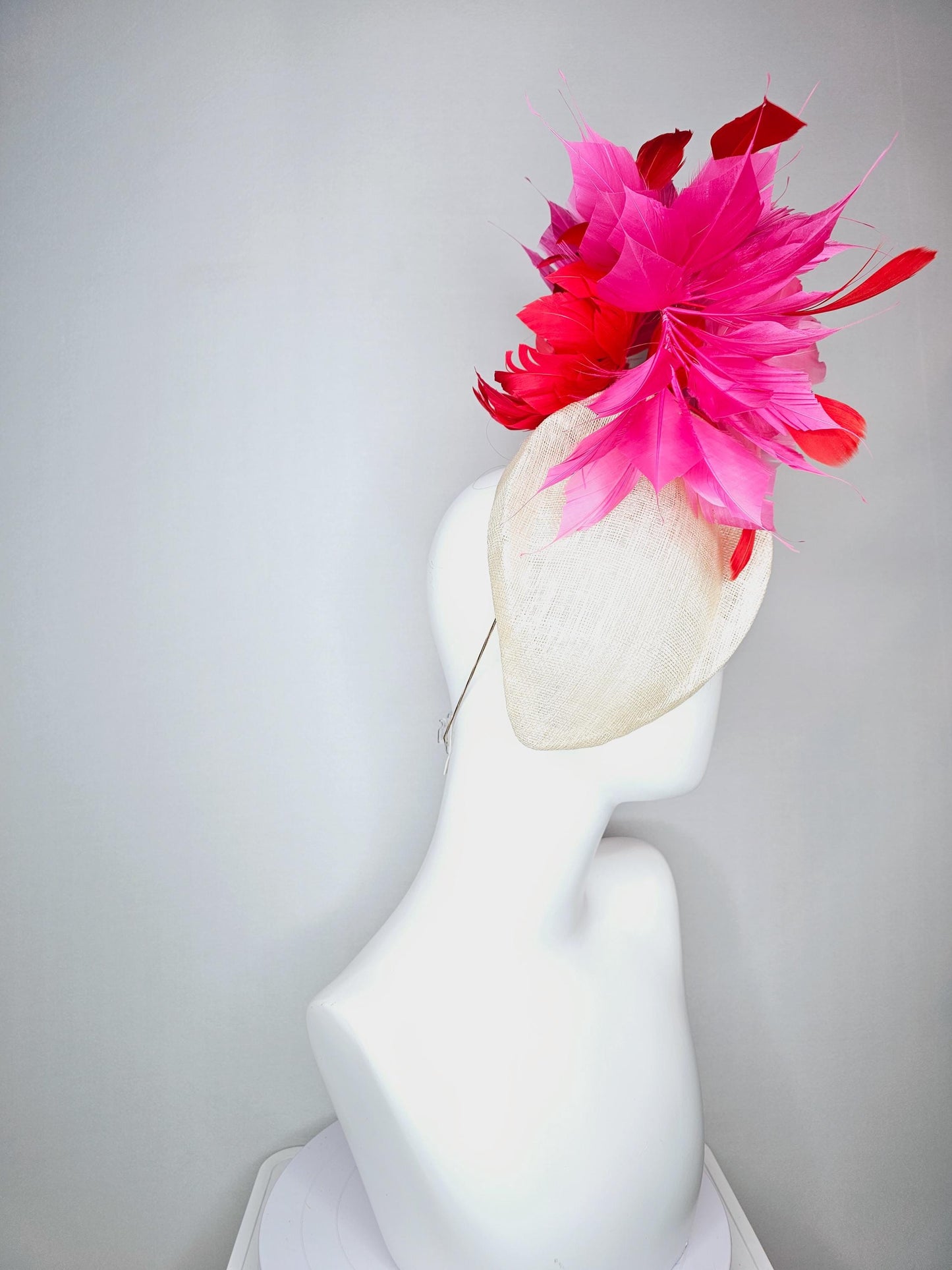 kentucky derby hat fascinator neutral beige  pointed teardrop perch sinamay with fluffy blush pink feather flower and pink red feathers