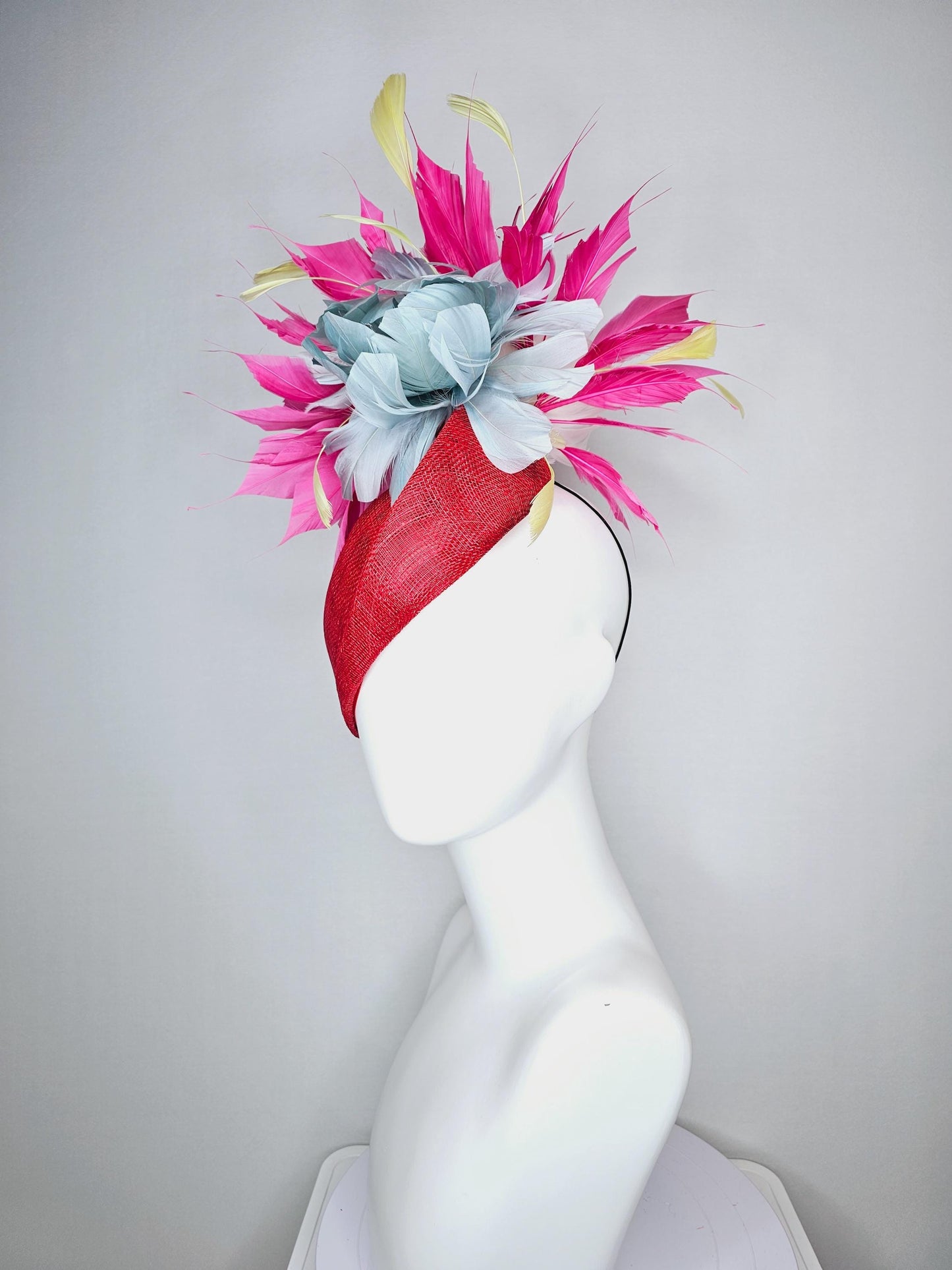 kentucky derby hat fascinator red pointed teardrop perch sinamay with fluffy silver blue feather flower and pink yellow feathers