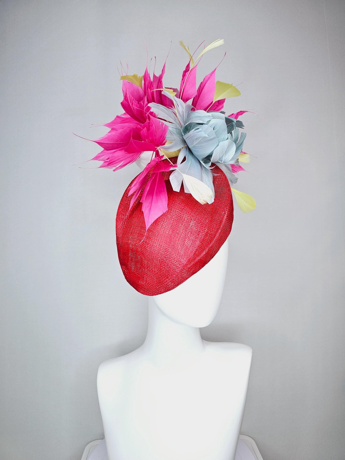 kentucky derby hat fascinator red pointed teardrop perch sinamay with fluffy silver blue feather flower and pink yellow feathers