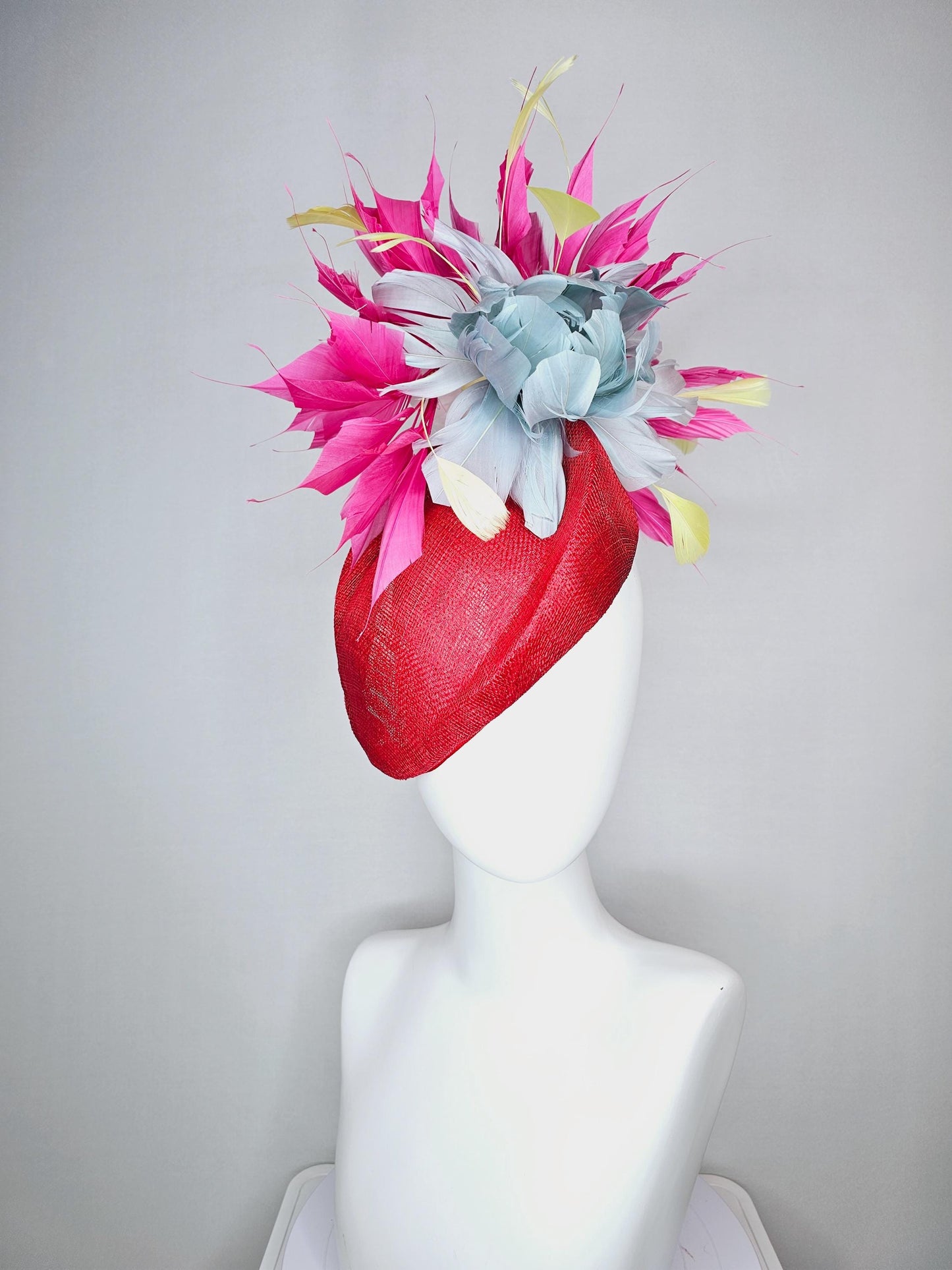 kentucky derby hat fascinator red pointed teardrop perch sinamay with fluffy silver blue feather flower and pink yellow feathers