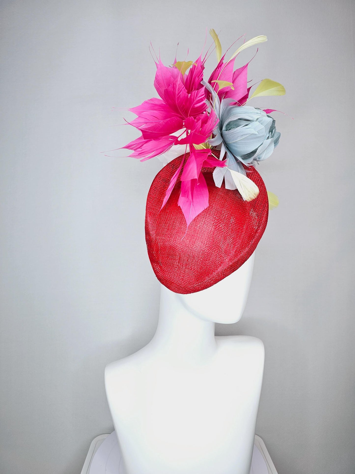kentucky derby hat fascinator red pointed teardrop perch sinamay with fluffy silver blue feather flower and pink yellow feathers