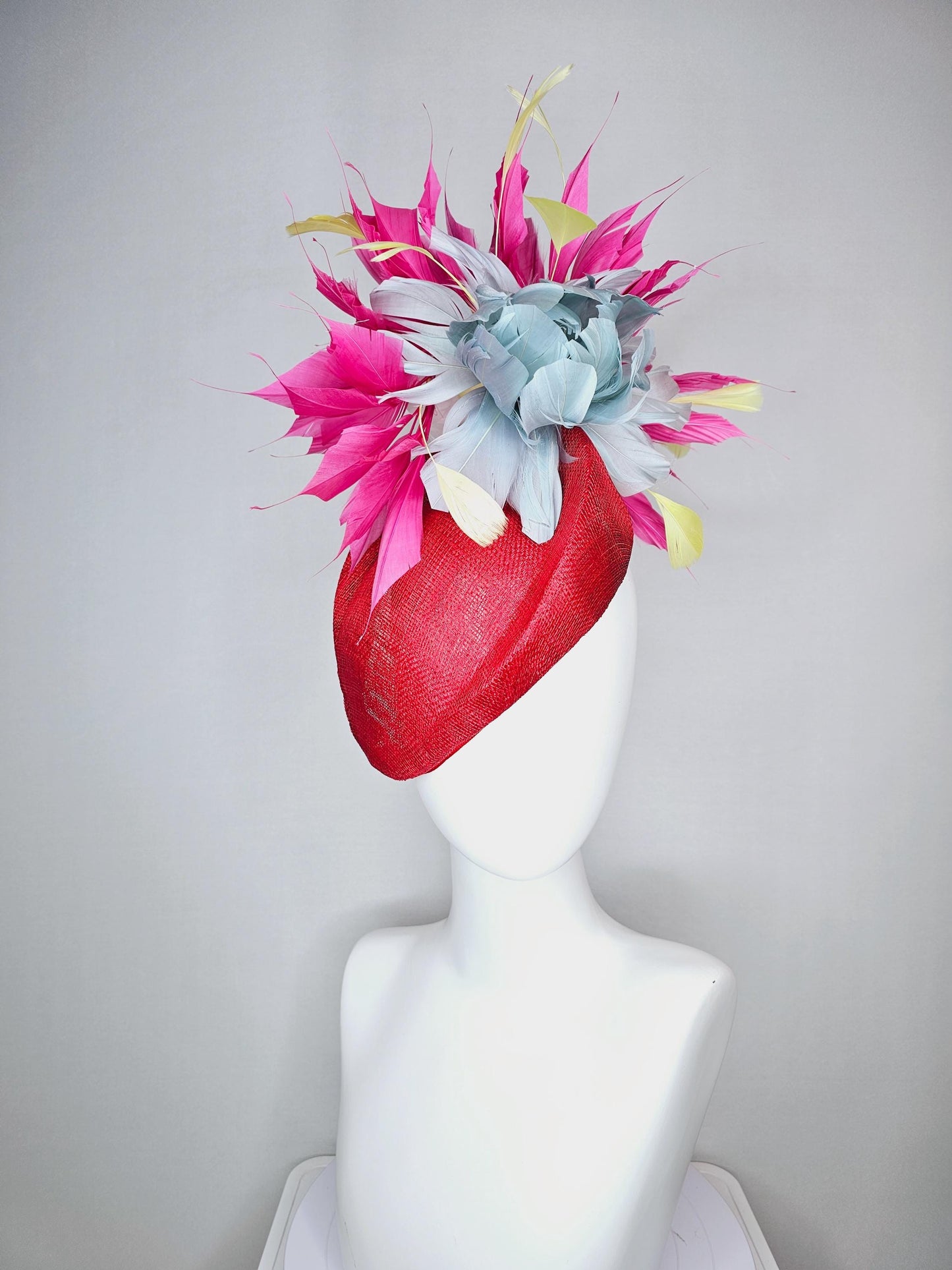 kentucky derby hat fascinator red pointed teardrop perch sinamay with fluffy silver blue feather flower and pink yellow feathers