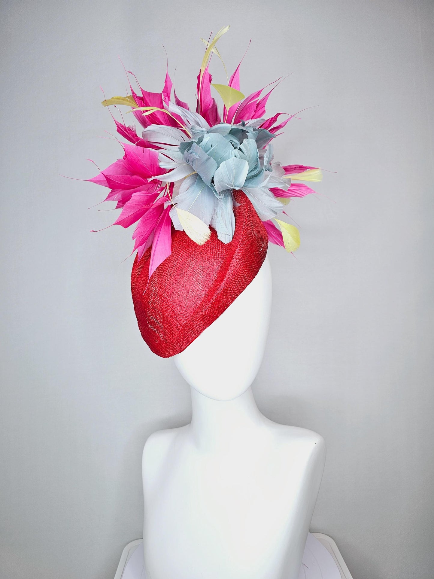 kentucky derby hat fascinator red pointed teardrop perch sinamay with fluffy silver blue feather flower and pink yellow feathers