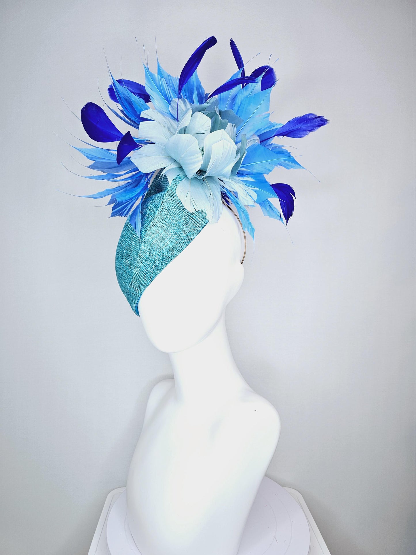 kentucky derby hat fascinator turquoise blue pointed teardrop perch sinamay with fluffy baby blue feather flower royal cobalt blue feathers