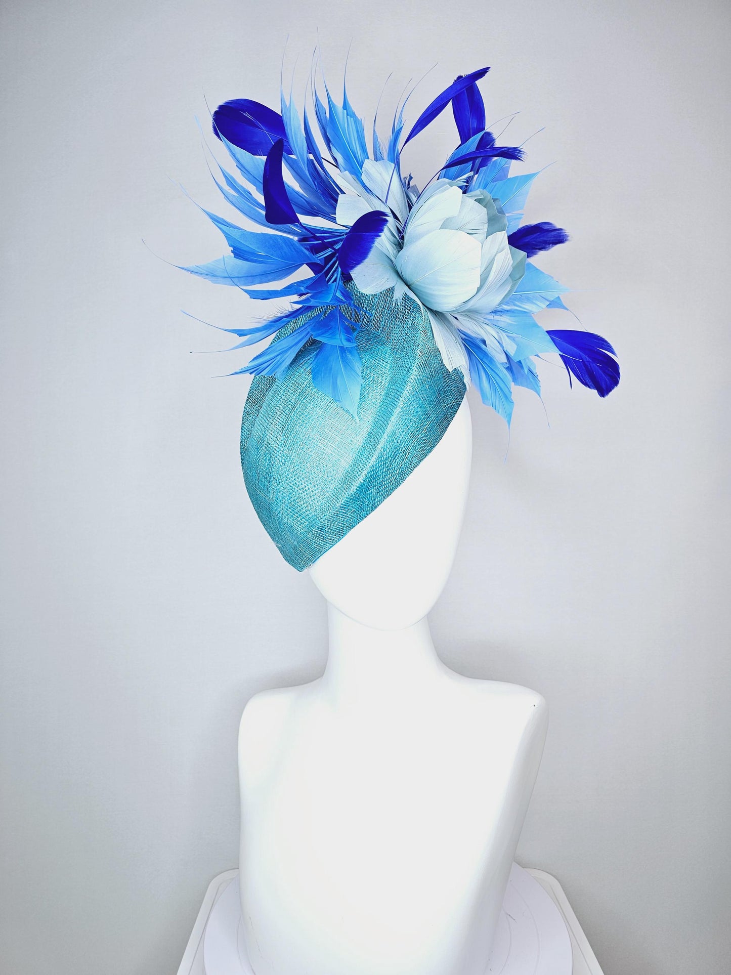 kentucky derby hat fascinator turquoise blue pointed teardrop perch sinamay with fluffy baby blue feather flower royal cobalt blue feathers