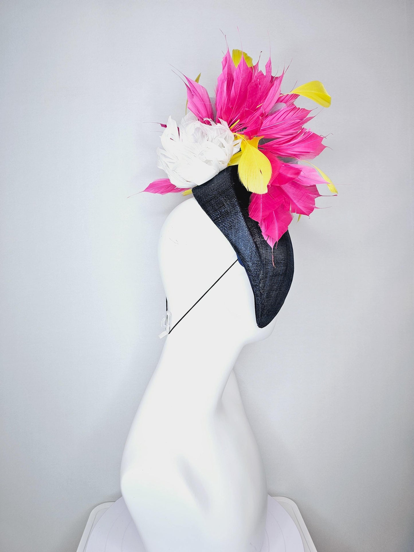 kentucky derby hat fascinator navy blue pointed teardrop perch sinamay with fluffy silver blue feather flower pink yellow feathers