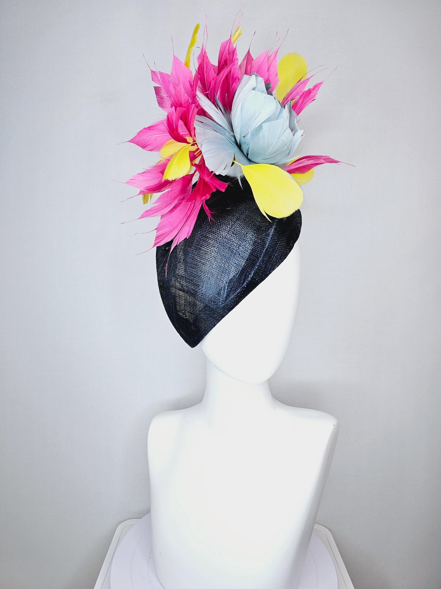 kentucky derby hat fascinator navy blue pointed teardrop perch sinamay with fluffy silver blue feather flower pink yellow feathers