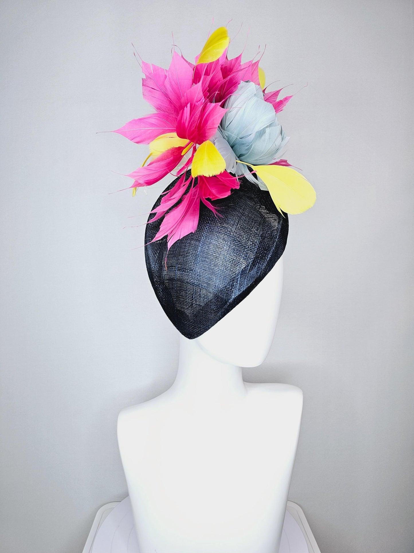 kentucky derby hat fascinator navy blue pointed teardrop perch sinamay with fluffy silver blue feather flower pink yellow feathers