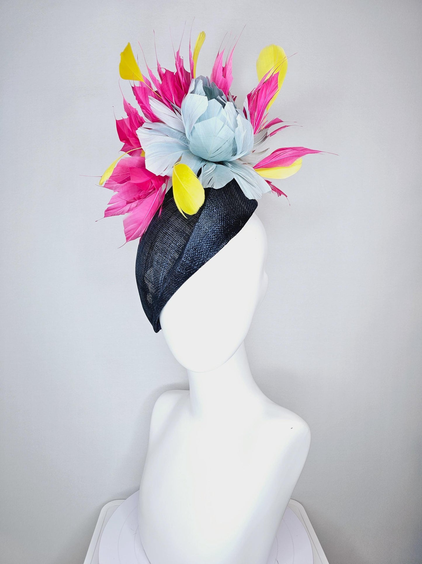 kentucky derby hat fascinator navy blue pointed teardrop perch sinamay with fluffy silver blue feather flower pink yellow feathers