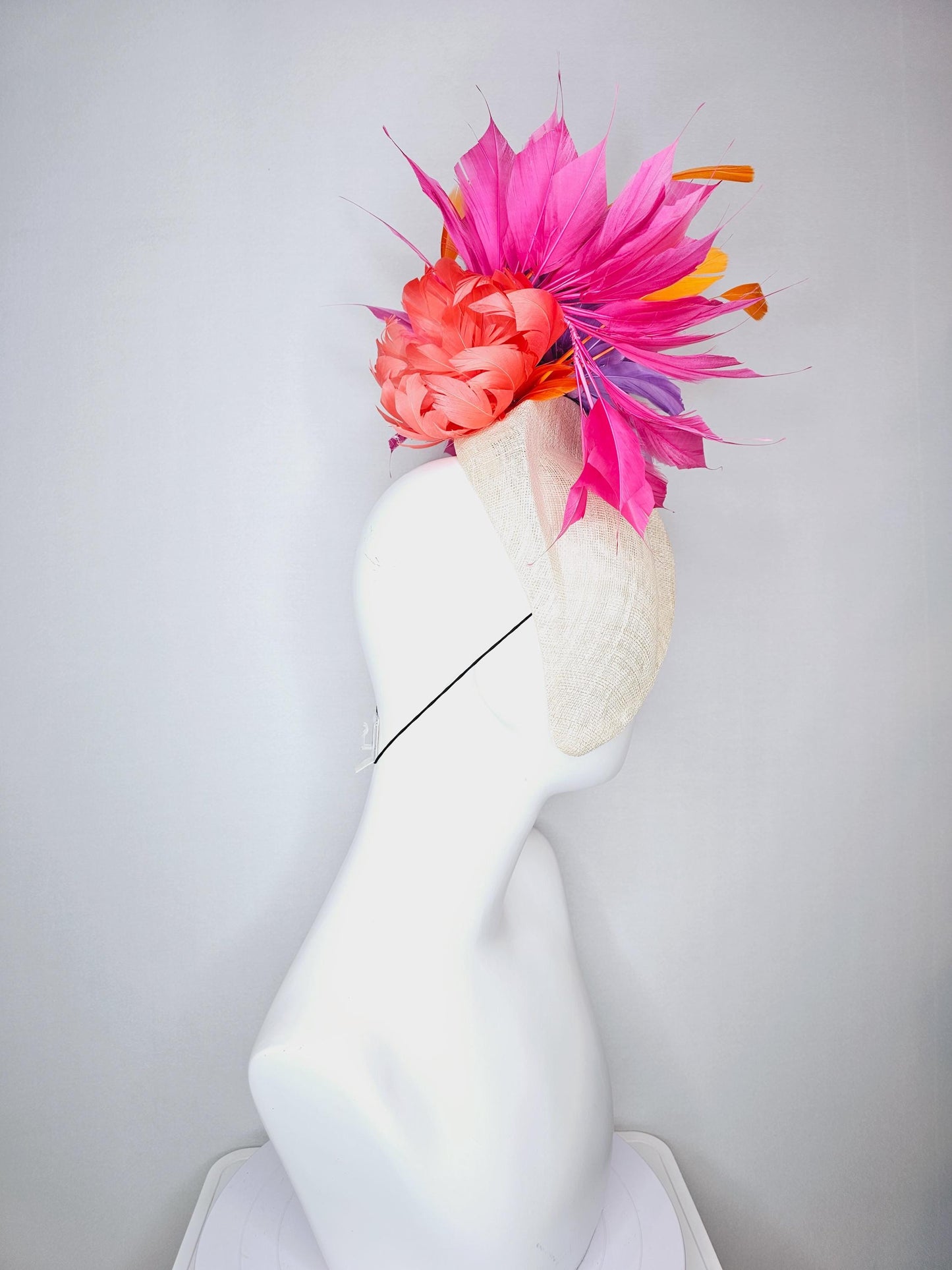 kentucky derby hat fascinator ivory white pointed teardrop perch sinamay with fluffy lavender purple feather flower and pink orange feathers