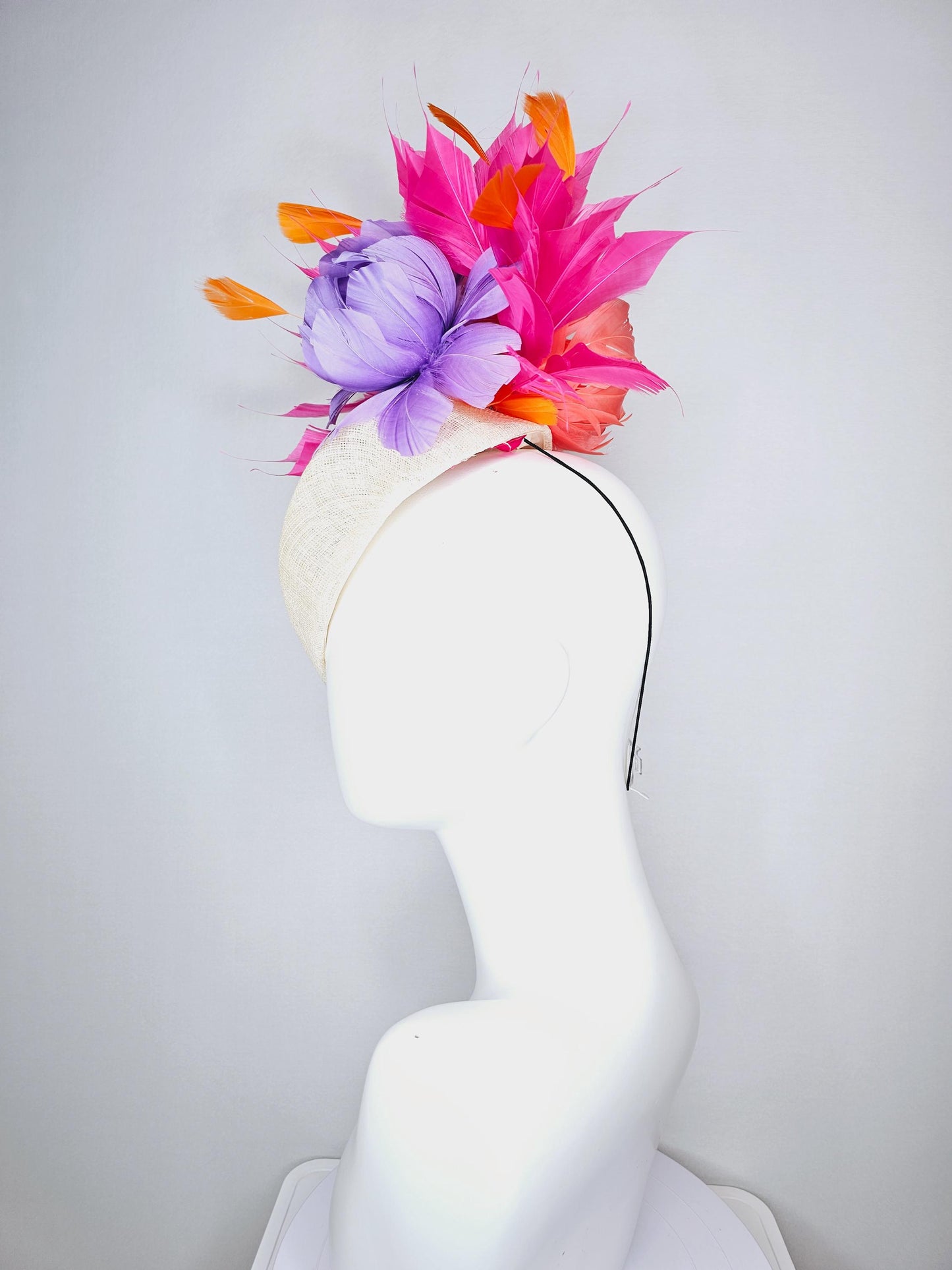 kentucky derby hat fascinator ivory white pointed teardrop perch sinamay with fluffy lavender purple feather flower and pink orange feathers