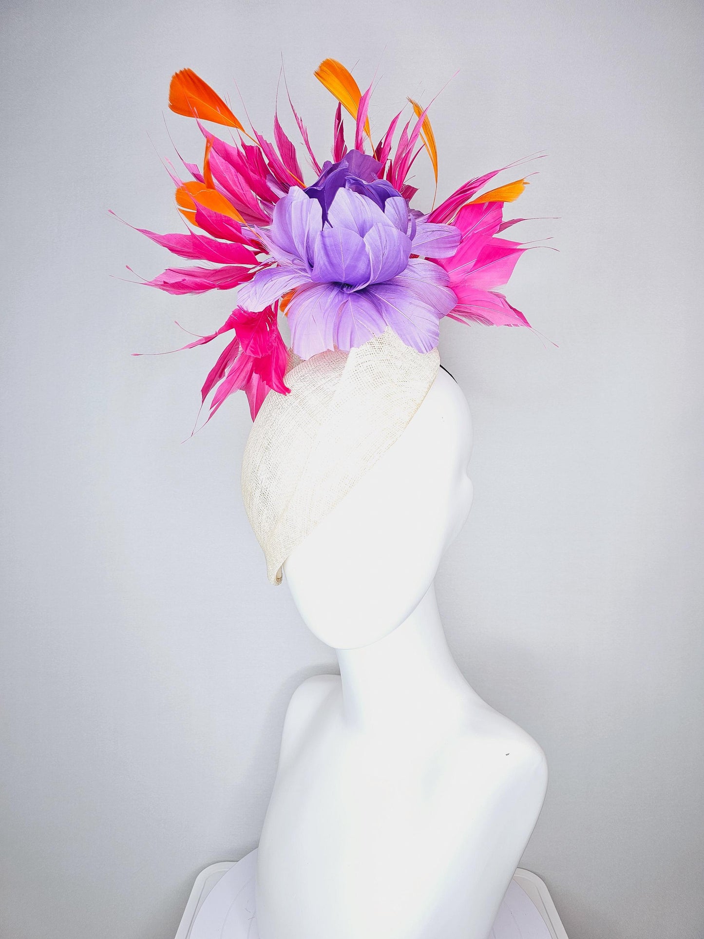 kentucky derby hat fascinator ivory white pointed teardrop perch sinamay with fluffy lavender purple feather flower and pink orange feathers