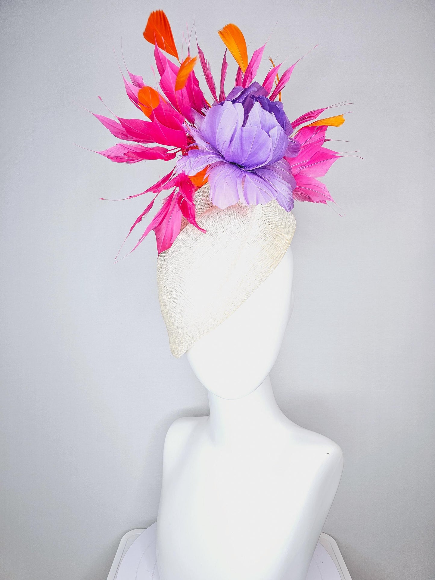 kentucky derby hat fascinator ivory white pointed teardrop perch sinamay with fluffy lavender purple feather flower and pink orange feathers