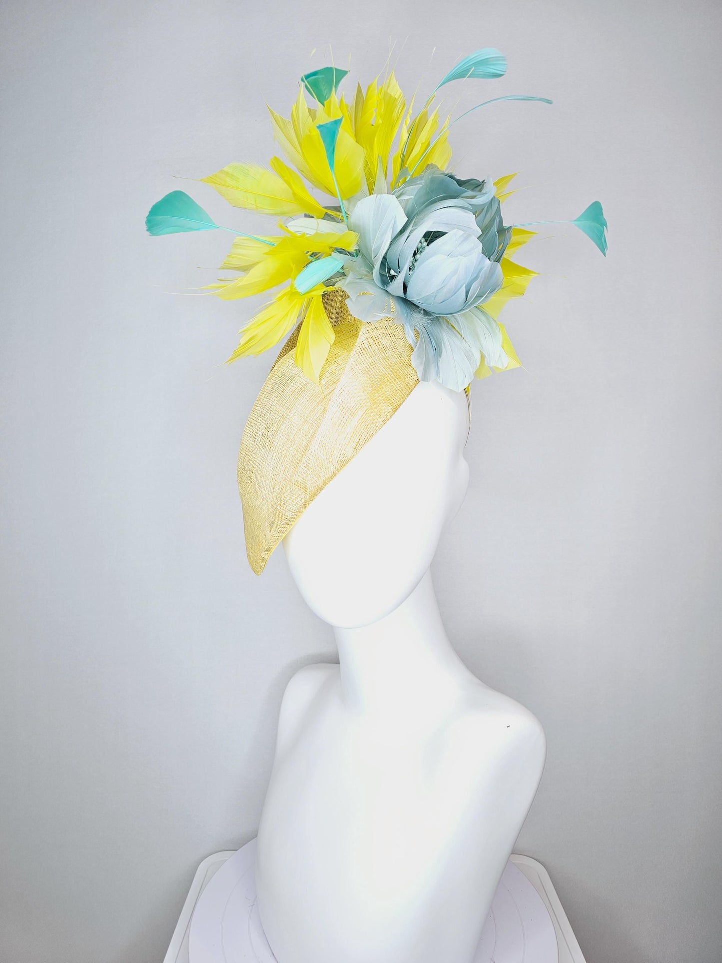 kentucky derby hat fascinator yellow pointed teardrop perch sinamay with fluffy silver gray feather flower yellow turquoise blue feathers