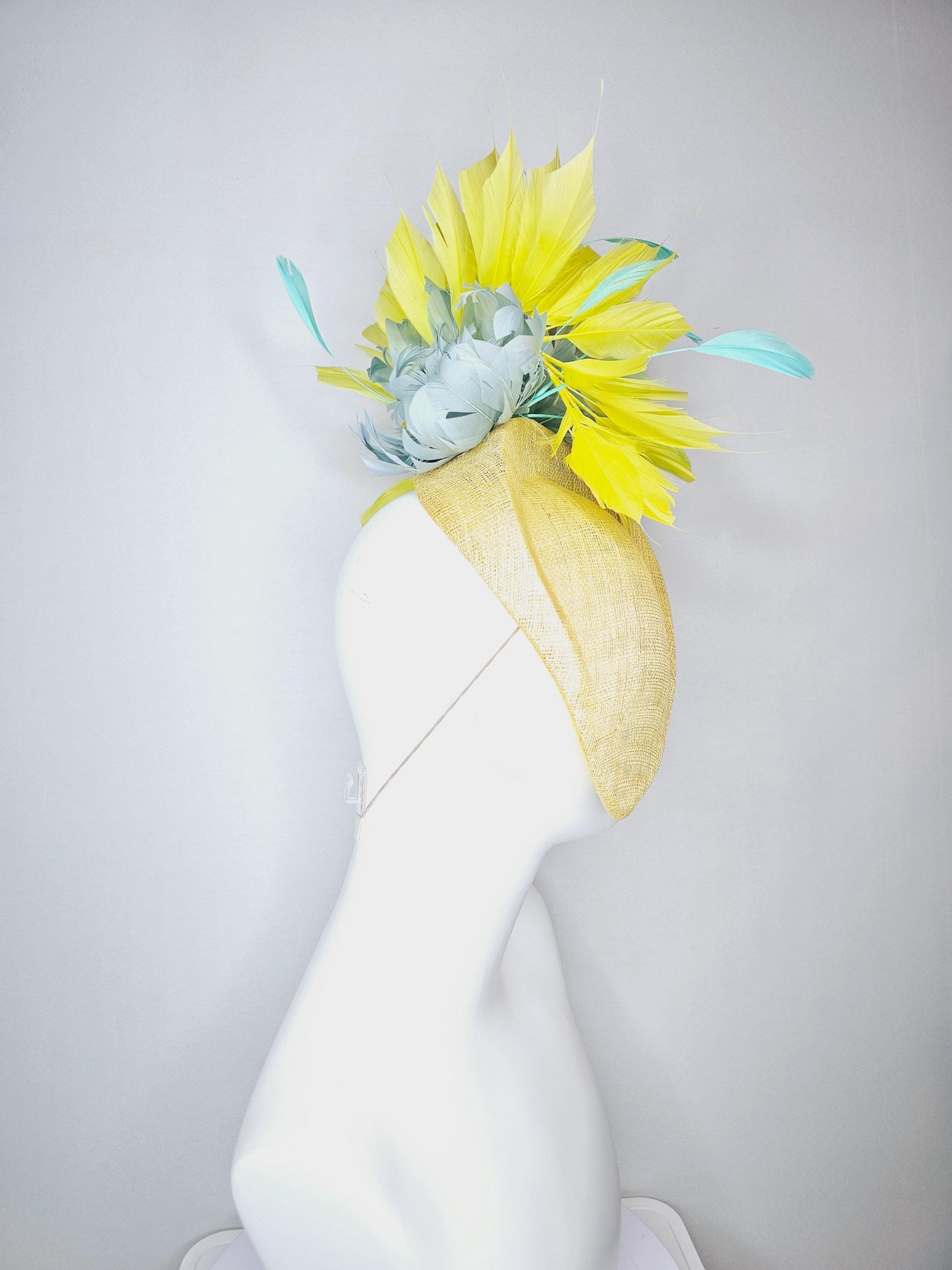 kentucky derby hat fascinator yellow pointed teardrop perch sinamay with fluffy silver gray feather flower yellow turquoise blue feathers