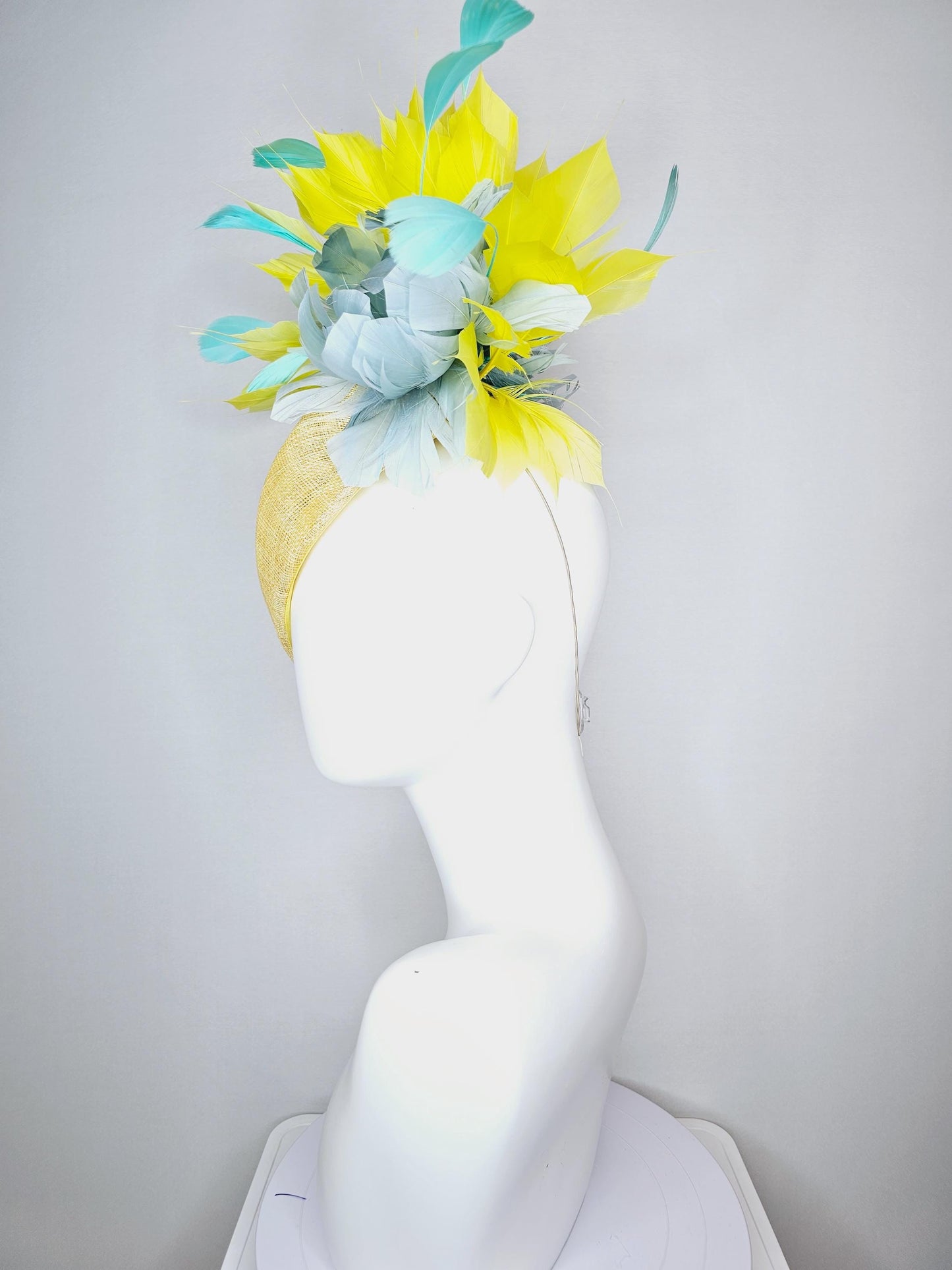 kentucky derby hat fascinator yellow pointed teardrop perch sinamay with fluffy silver gray feather flower yellow turquoise blue feathers