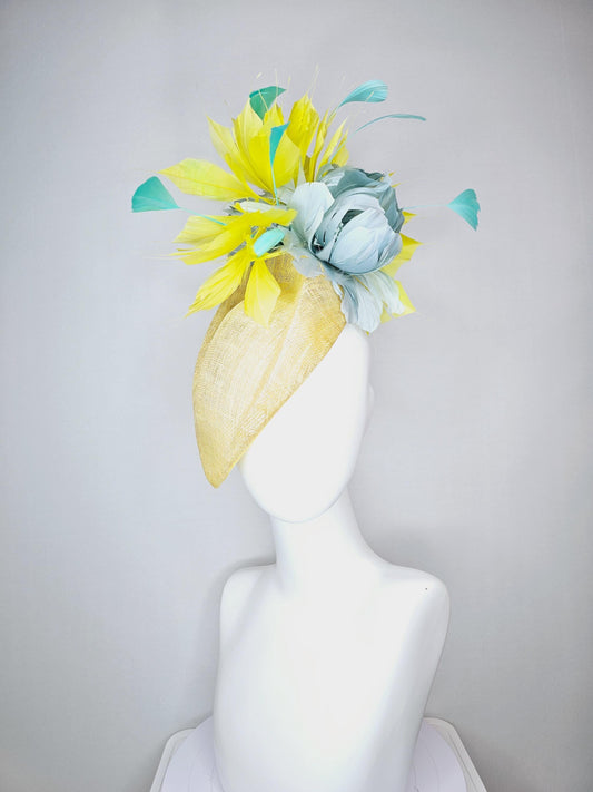 kentucky derby hat fascinator yellow pointed teardrop perch sinamay with fluffy silver gray feather flower yellow turquoise blue feathers
