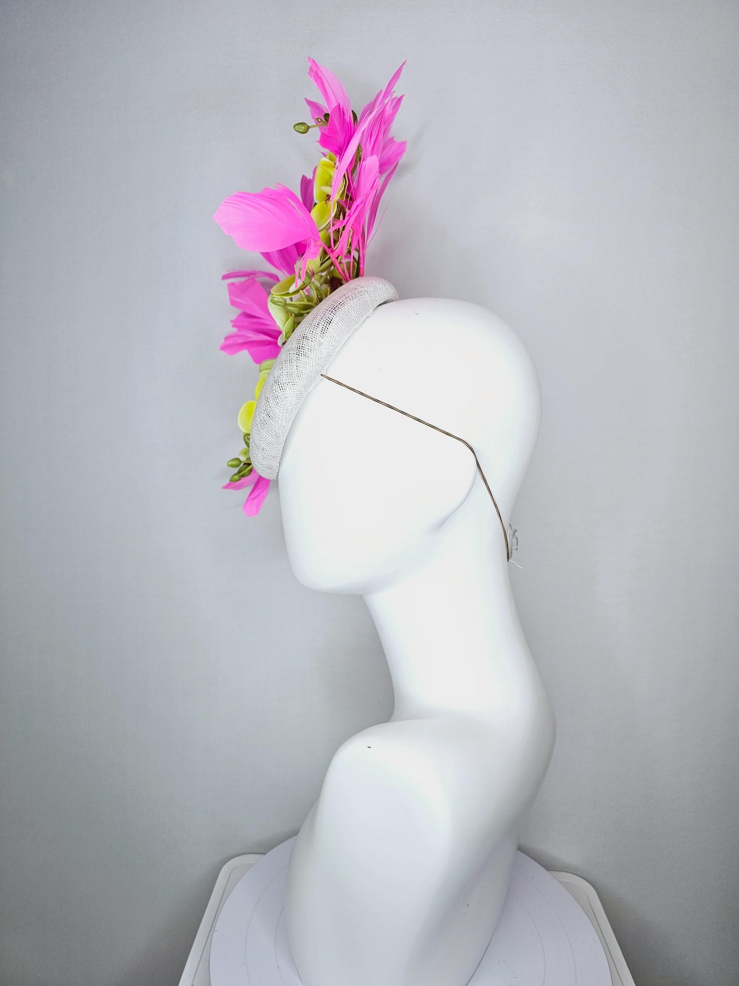 kentucky derby hat fascinator neutral white sinamay with yellow and dark red satin orchid flowers with bubble gum pink branching feathers