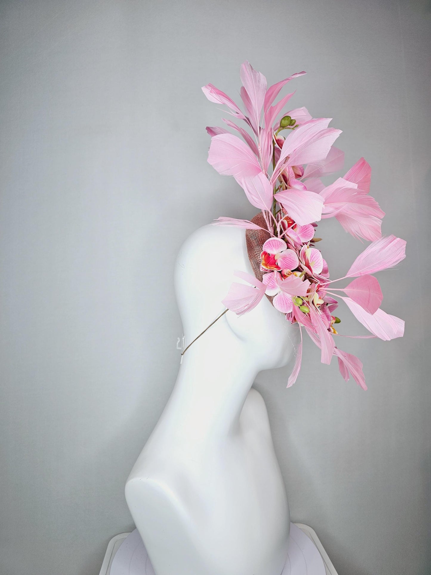 kentucky derby hat fascinator dusty rose pink sinamay pink cherry red yellow satin orchid flowers with light pink branching feathers