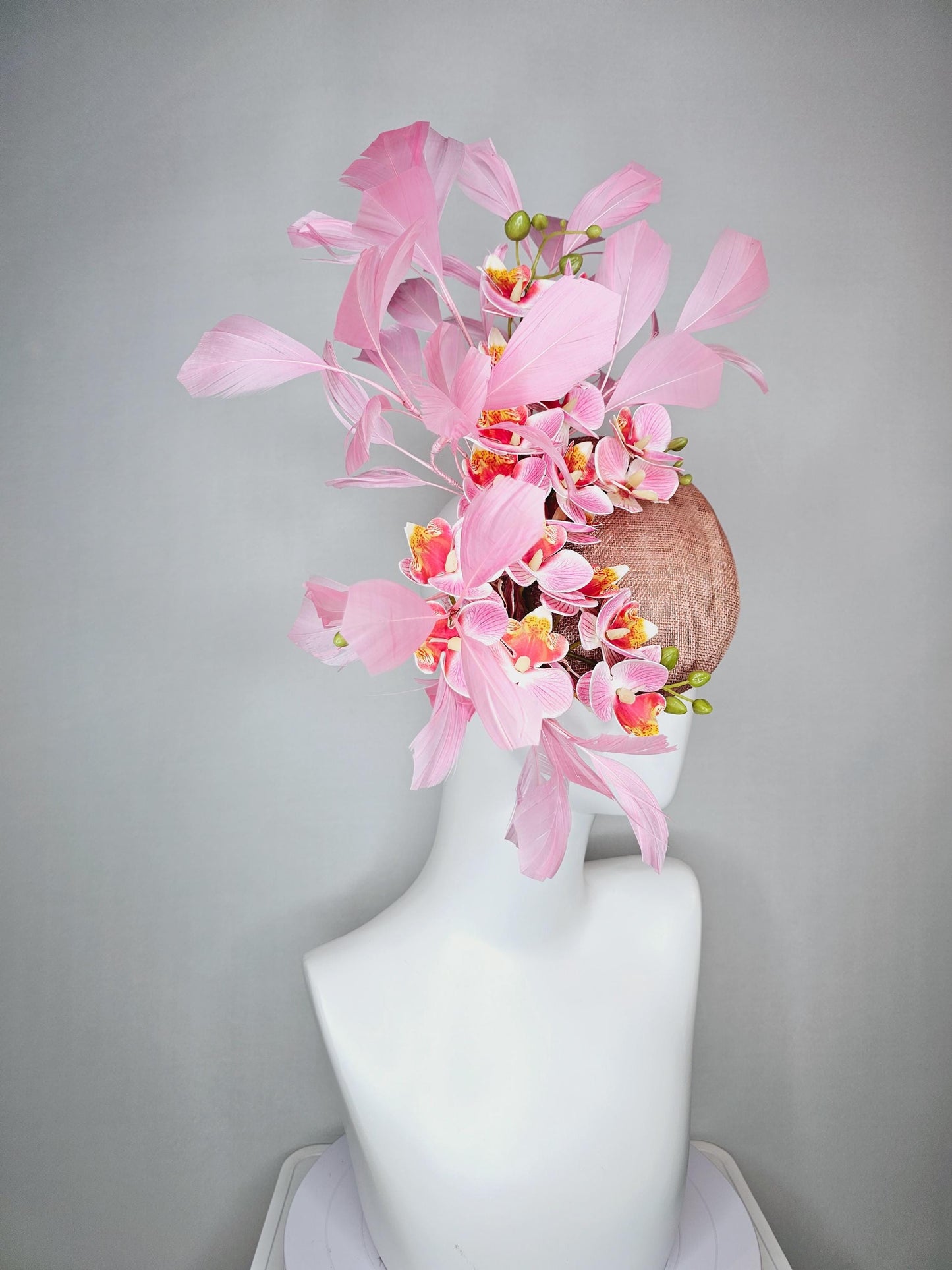 kentucky derby hat fascinator dusty rose pink sinamay pink cherry red yellow satin orchid flowers with light pink branching feathers