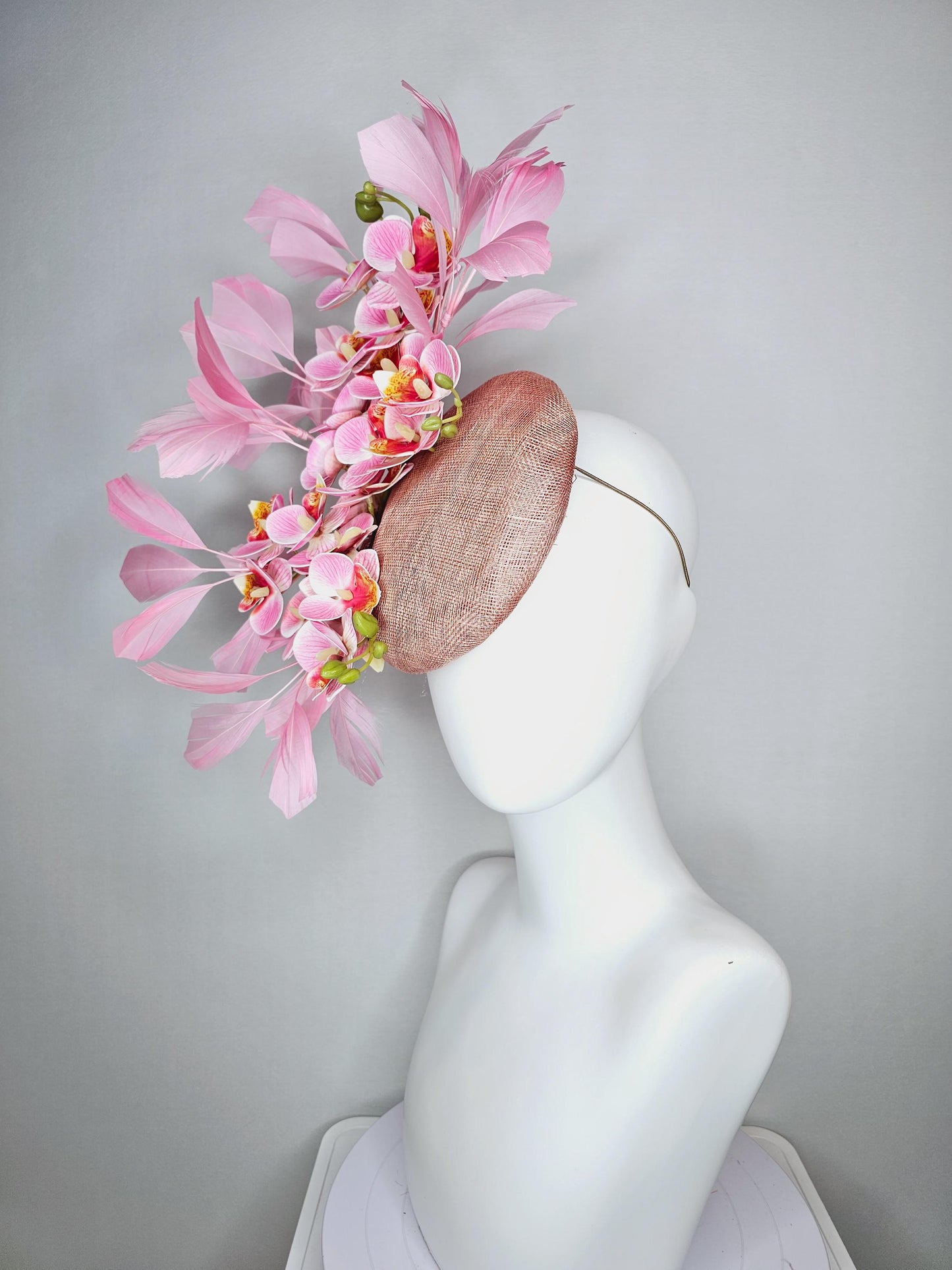 kentucky derby hat fascinator dusty rose pink sinamay pink cherry red yellow satin orchid flowers with light pink branching feathers