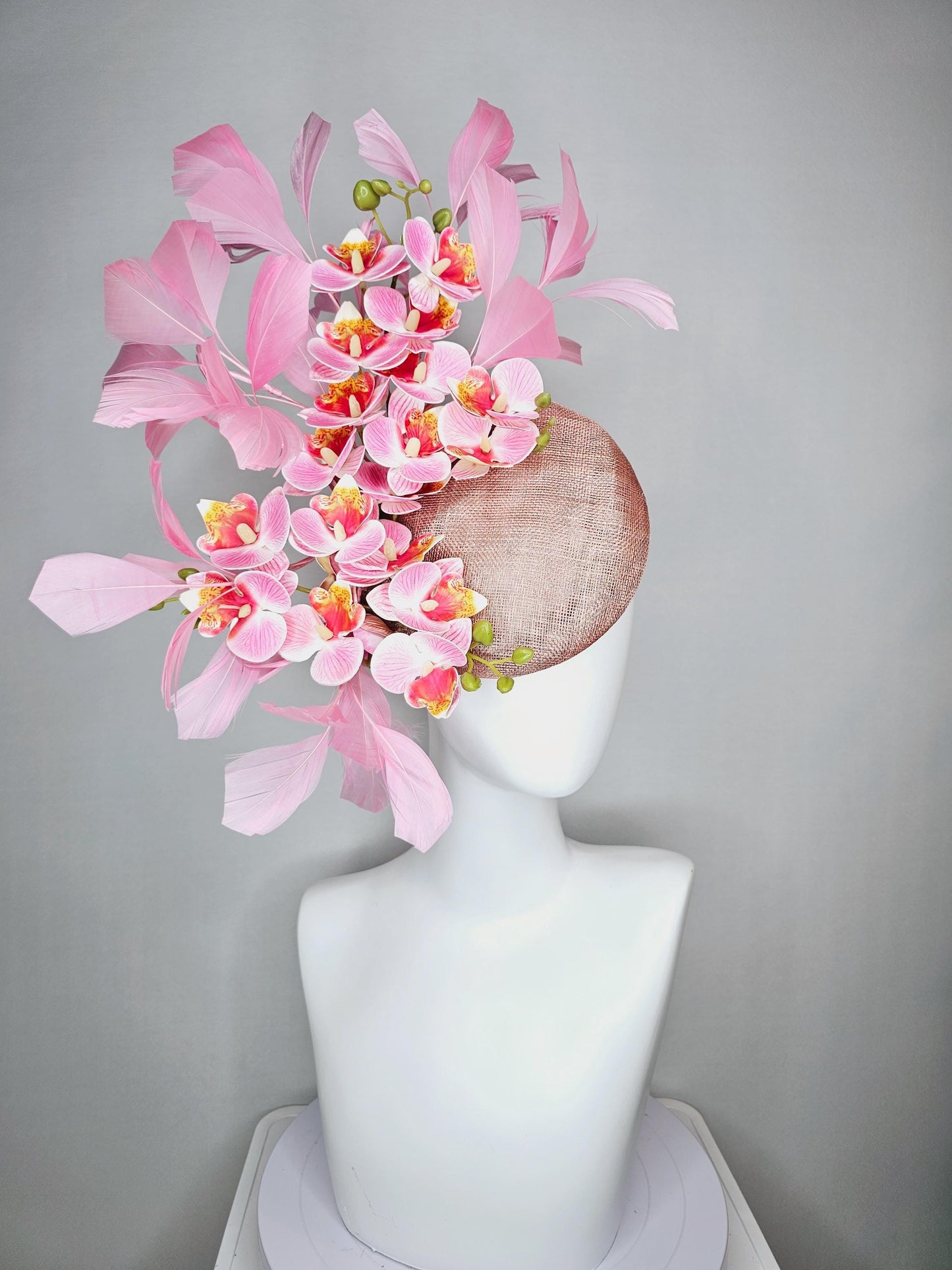 kentucky derby hat fascinator dusty rose pink sinamay pink cherry red yellow satin orchid flowers with light pink branching feathers