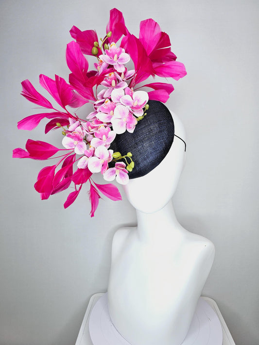 kentucky derby hat fascinator navy blue sinamay with white and blush pink satin orchid flowers and hot pink branching feathers