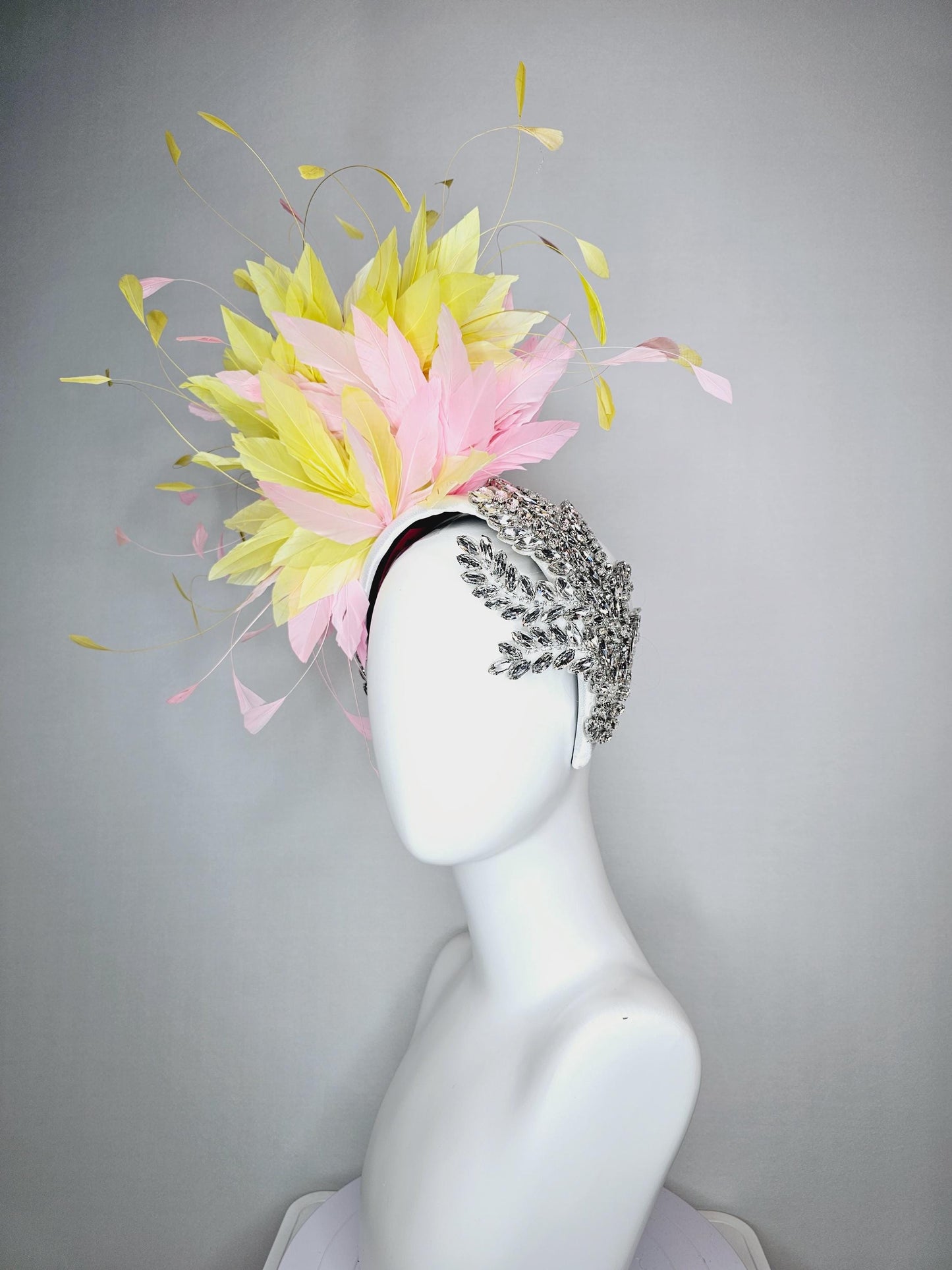 kentucky derby hat fascinator white headband with large clear crystal rhinestone beaded stems and light pink yellow branching feathers