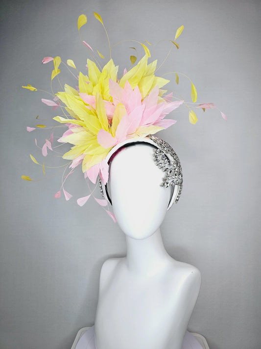 kentucky derby hat fascinator white headband with large clear crystal rhinestone beaded stems and light pink yellow branching feathers