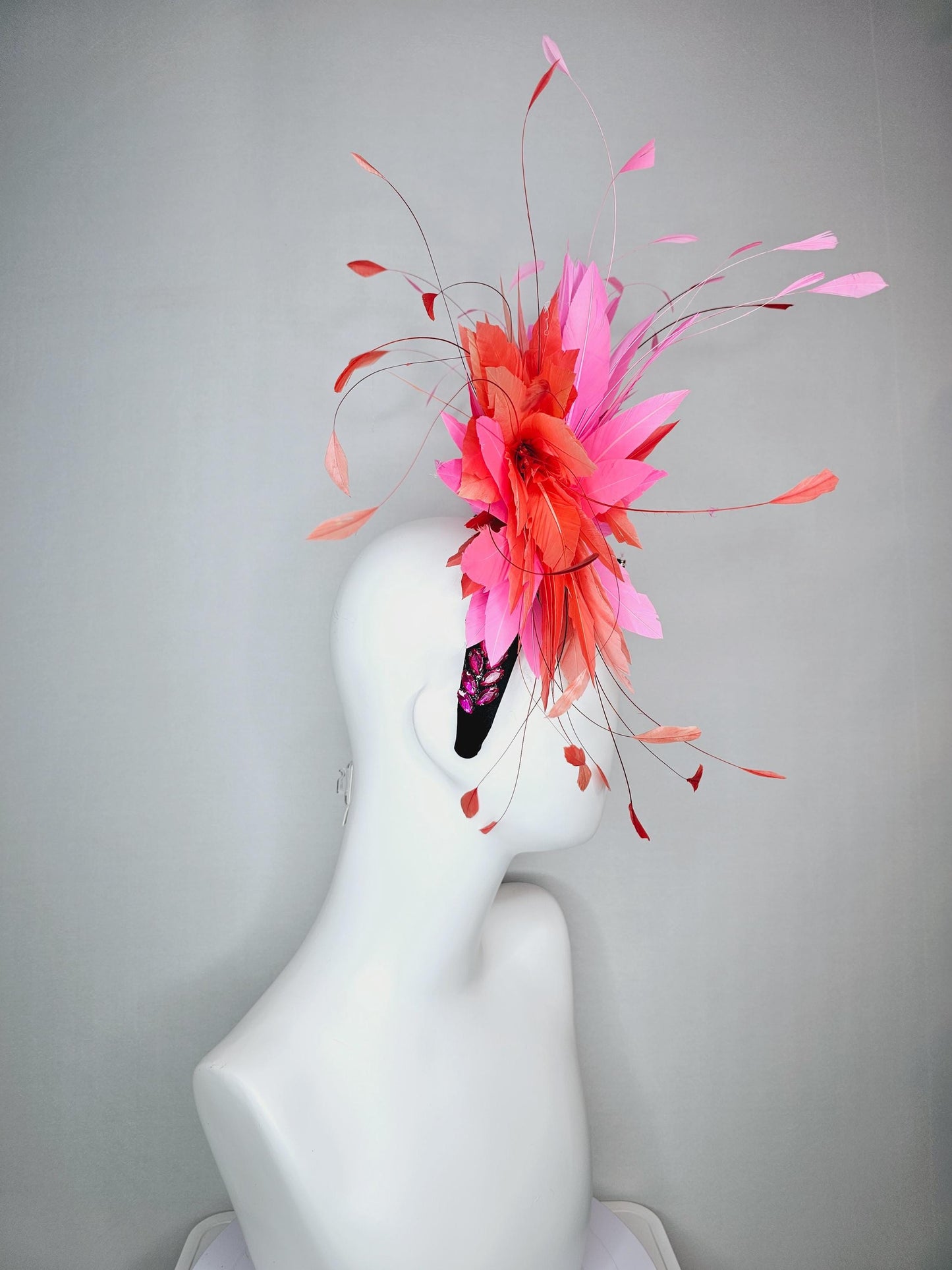 kentucky derby hat fascinator black headband with large pink crystal rhinestone beaded stems and blush pink coral orange branching feathers
