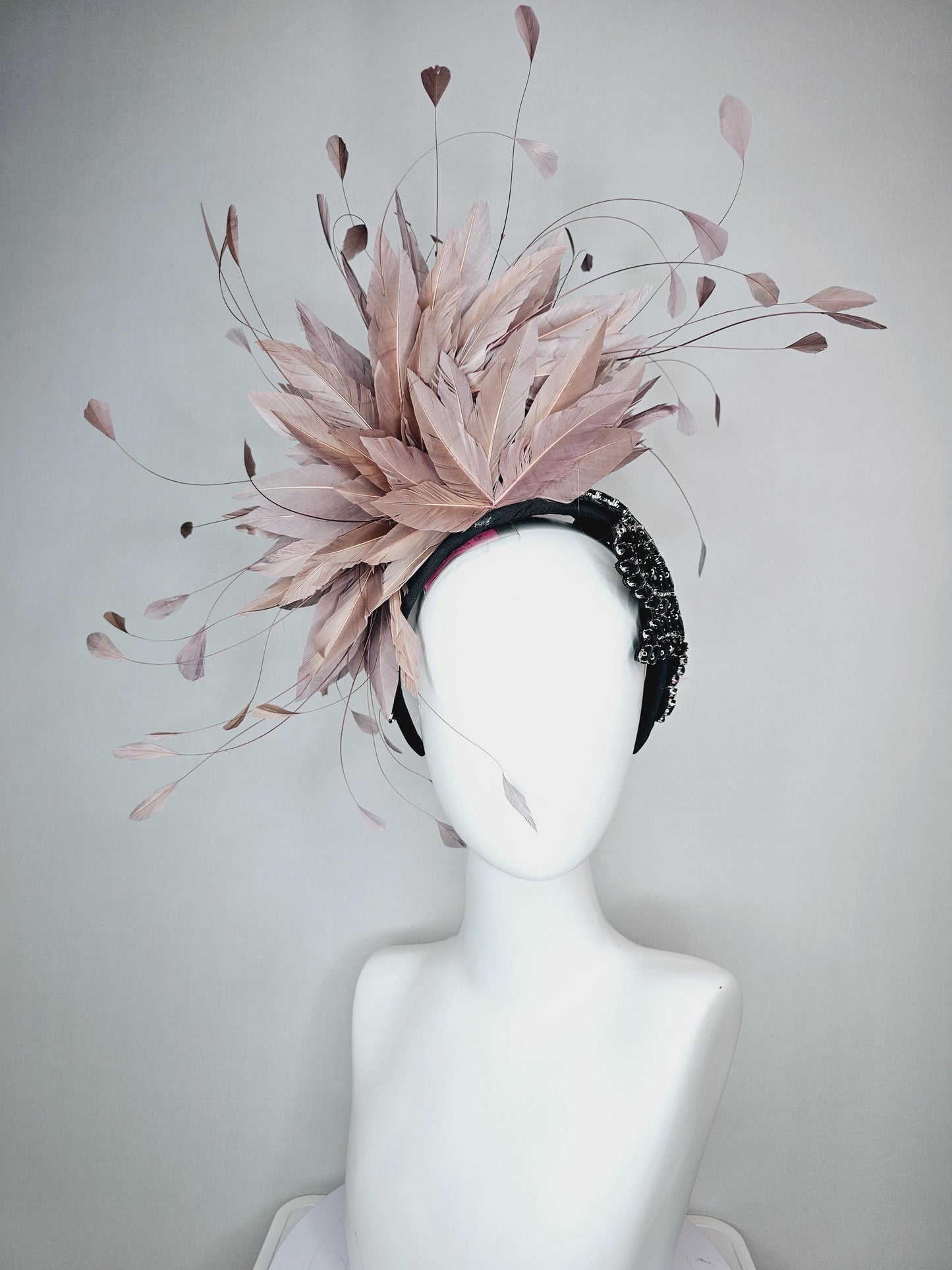 kentucky derby hat fascinator black headband with large black crystal rhinestone beaded stems and taupe gray branching feathers