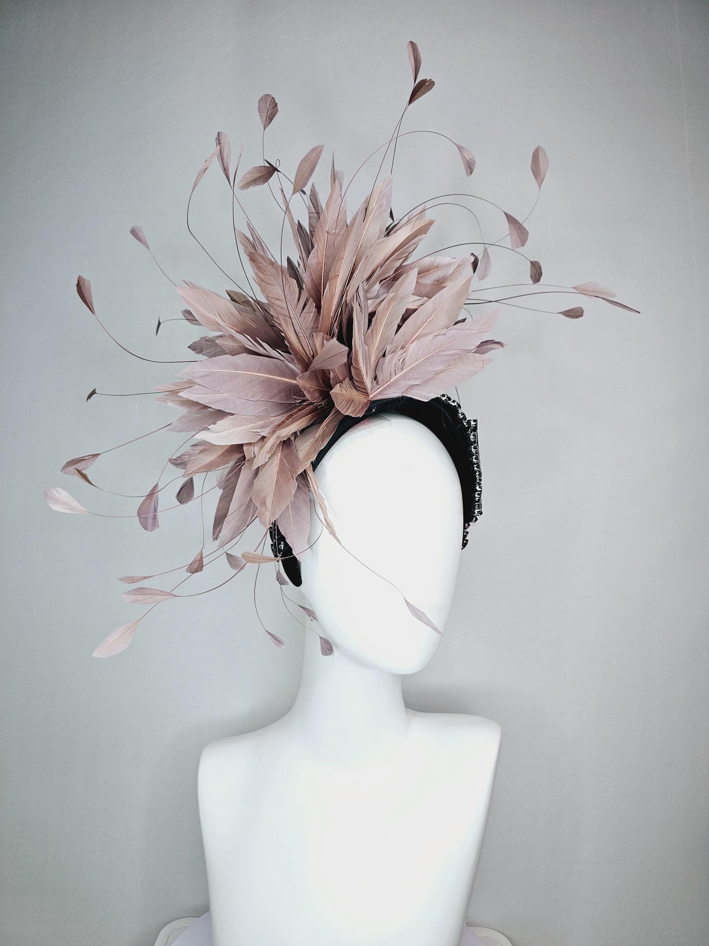 kentucky derby hat fascinator black headband with large black crystal rhinestone beaded stems and taupe gray branching feathers