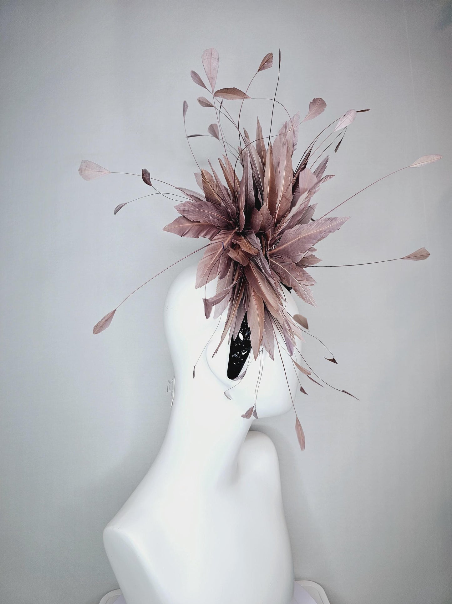 kentucky derby hat fascinator black headband with large black crystal rhinestone beaded stems and taupe gray branching feathers