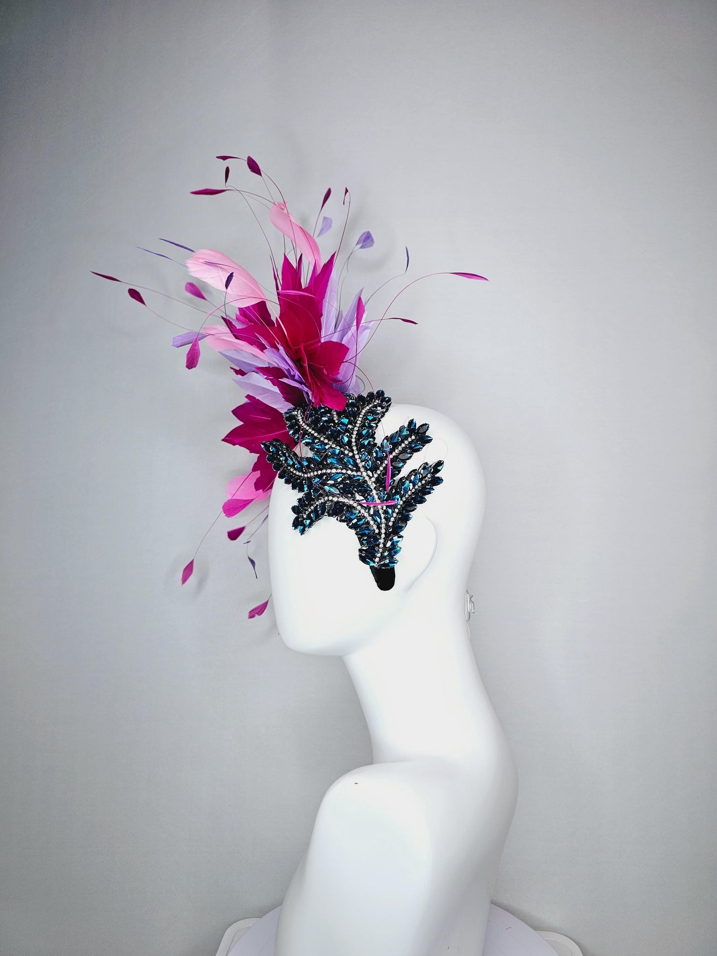 kentucky derby hat fascinator black headband with blue crystal beaded stems and light lavender purple hot pink baby pink branching feathers