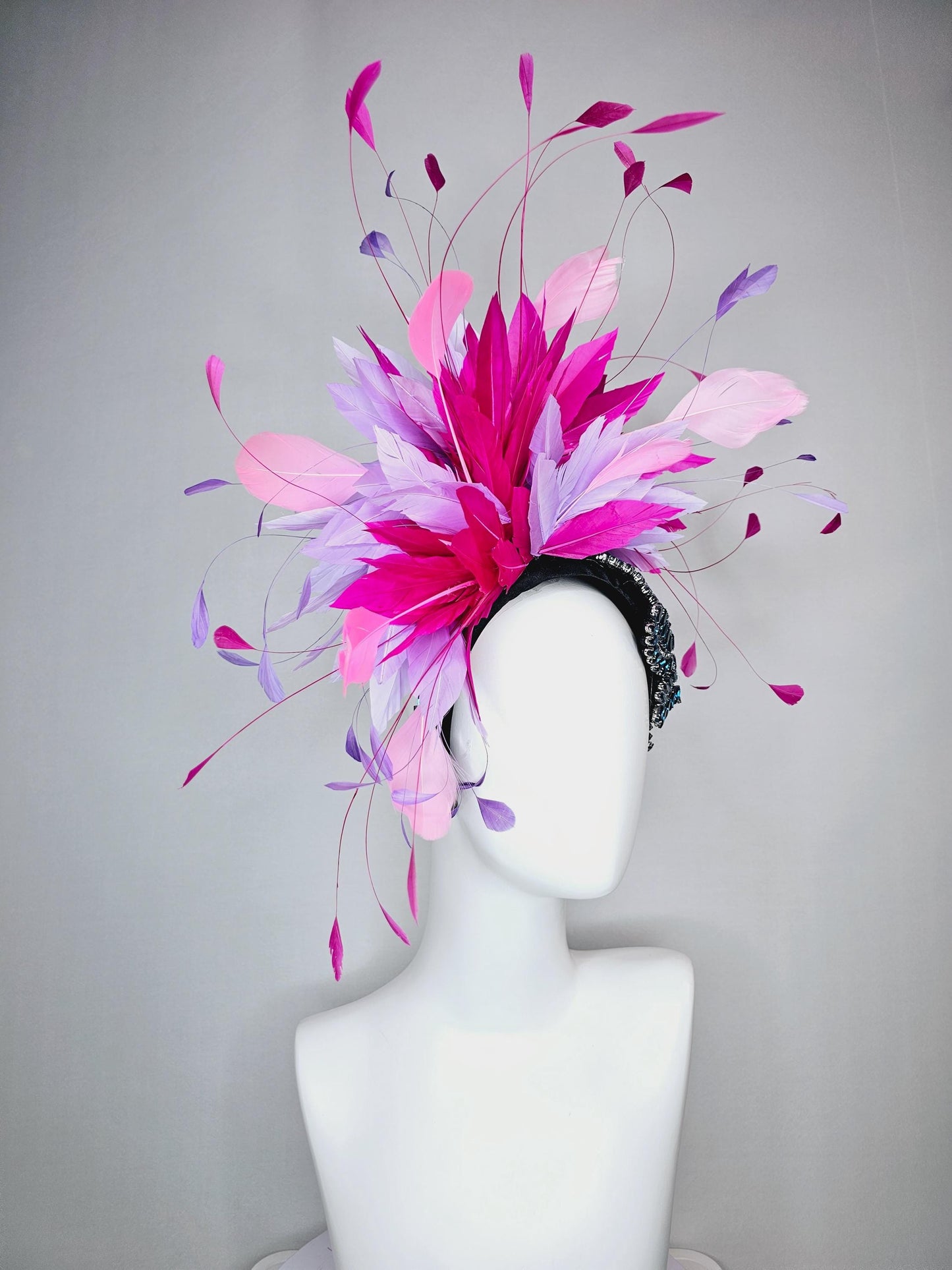 kentucky derby hat fascinator black headband with blue crystal beaded stems and light lavender purple hot pink baby pink branching feathers