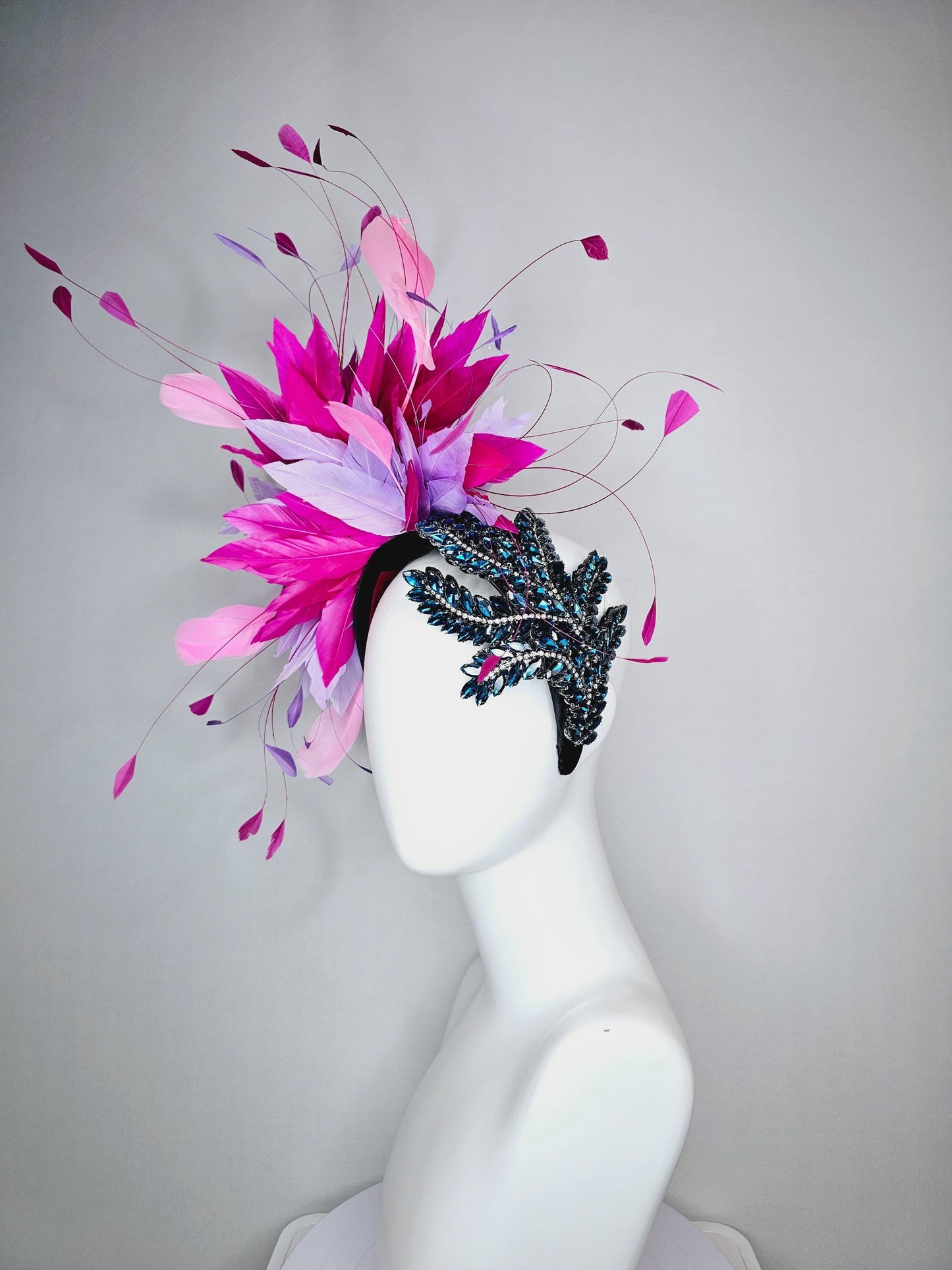 kentucky derby hat fascinator black headband with blue crystal beaded stems and light lavender purple hot pink baby pink branching feathers
