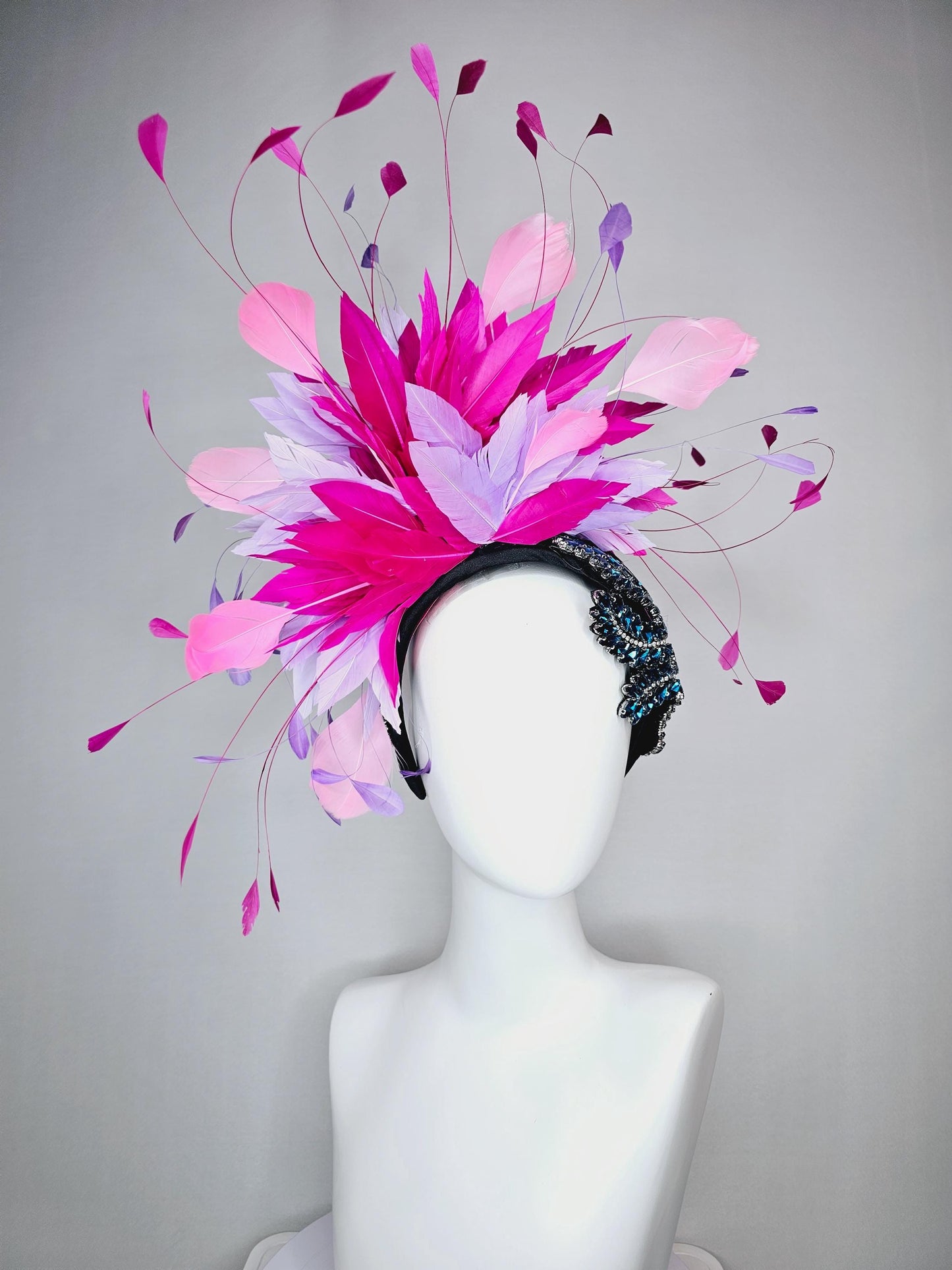 kentucky derby hat fascinator black headband with blue crystal beaded stems and light lavender purple hot pink baby pink branching feathers