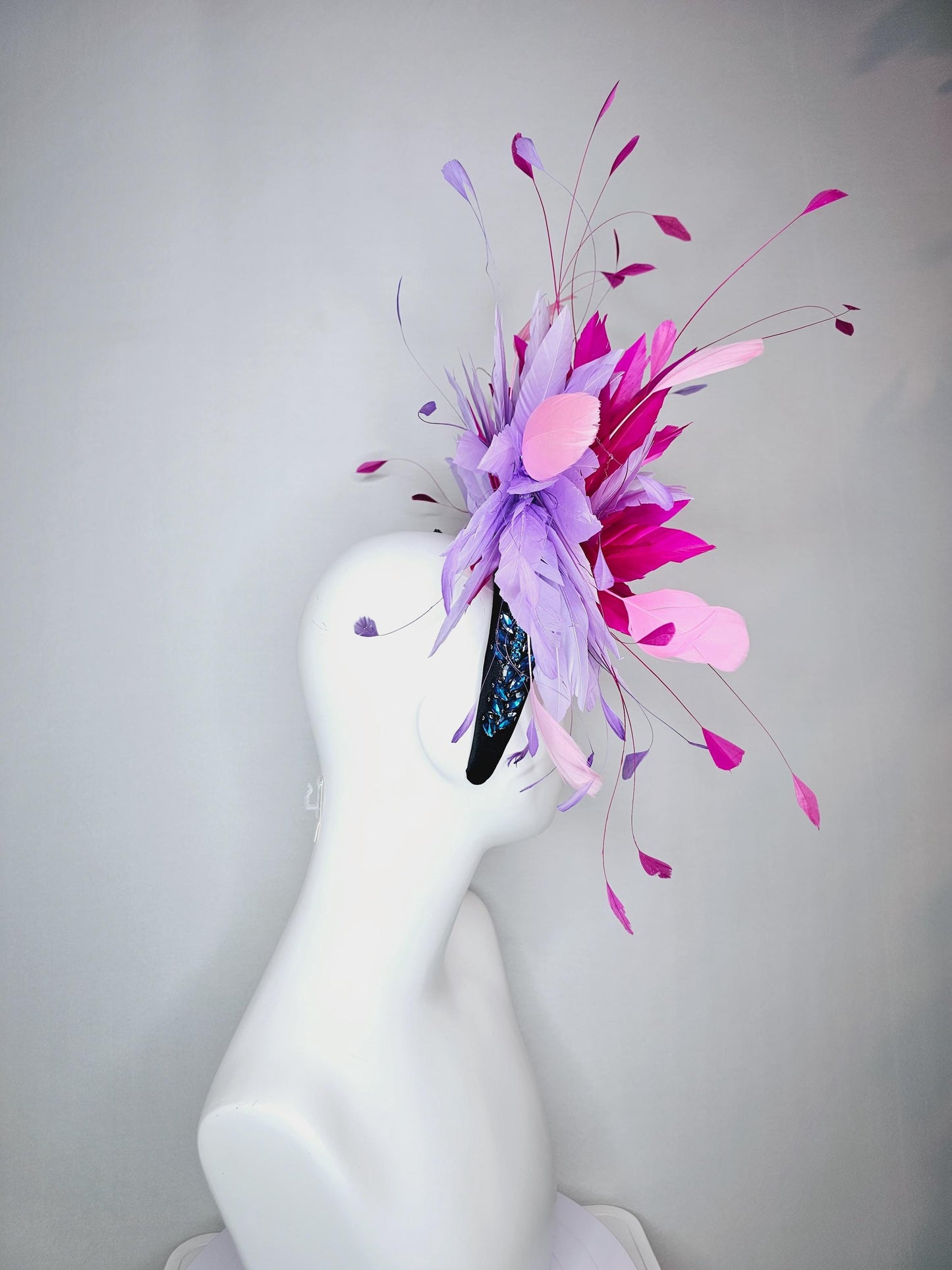 kentucky derby hat fascinator black headband with blue crystal beaded stems and light lavender purple hot pink baby pink branching feathers