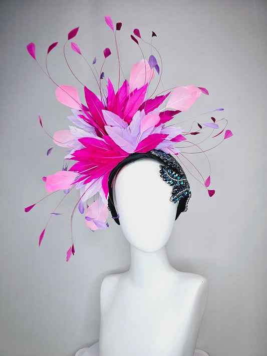kentucky derby hat fascinator black headband with blue crystal beaded stems and light lavender purple hot pink baby pink branching feathers