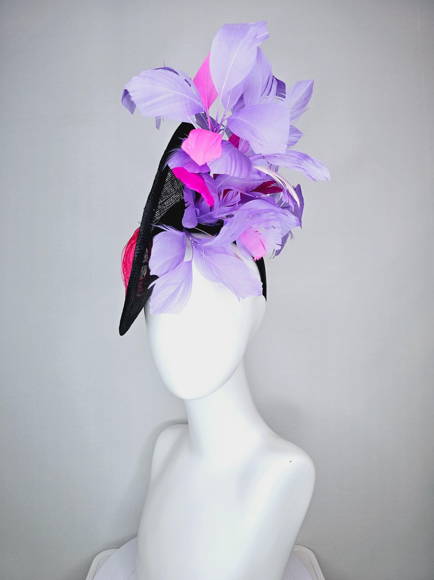 kentucky derby hat fascinator black sinamay saucer with raspberry pink baby pink organza satin flowers lavender purple pink feathers