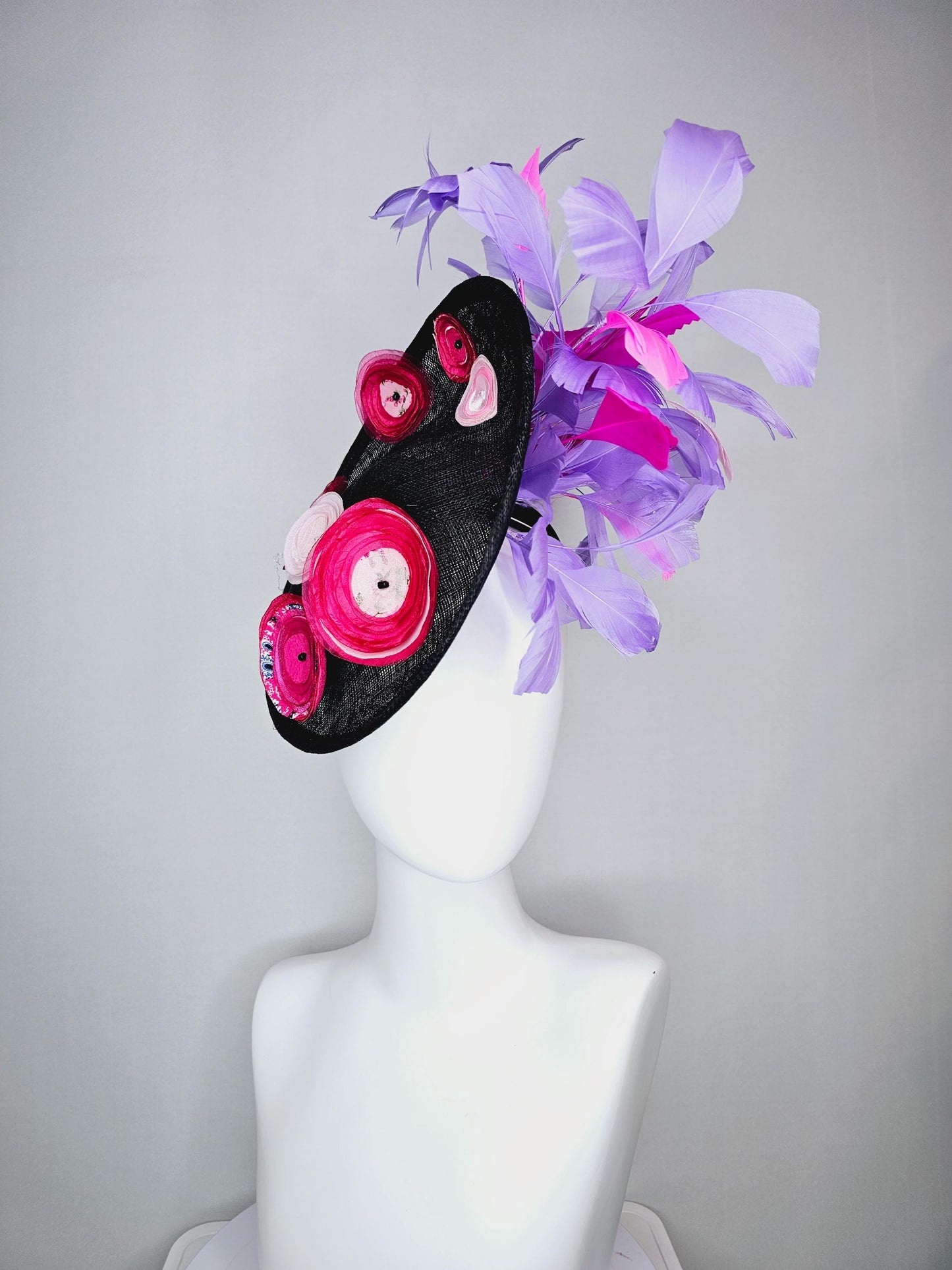 kentucky derby hat fascinator black sinamay saucer with raspberry pink baby pink organza satin flowers lavender purple pink feathers