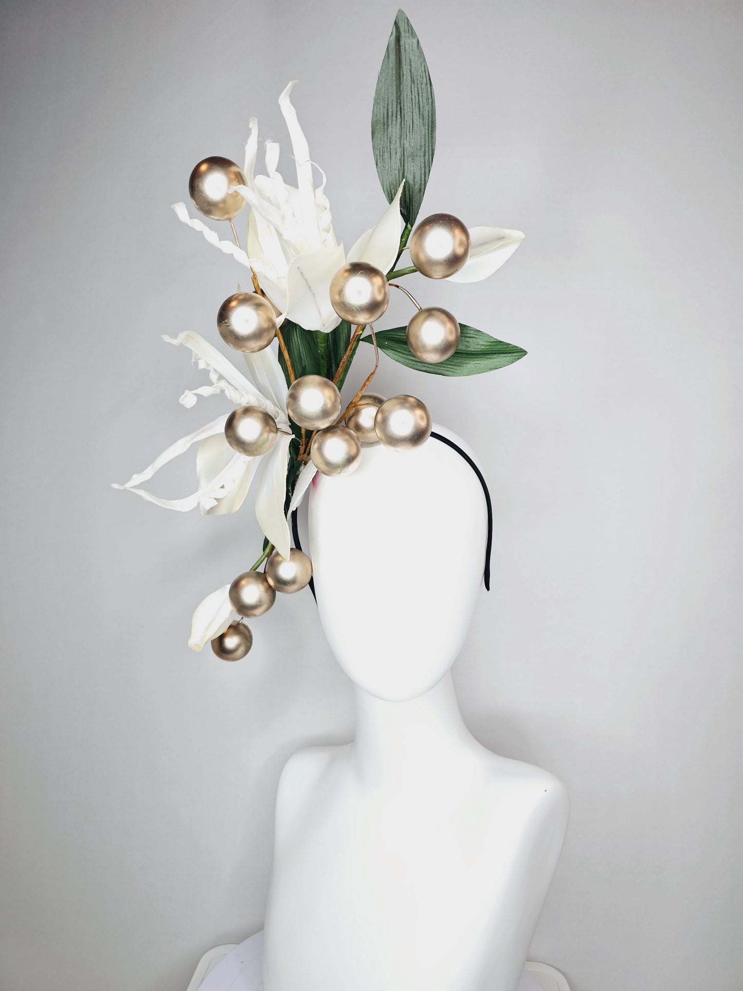 kentucky derby hat fascinator large ivory white satin silk flowers with large dark green leaves and gold pearls