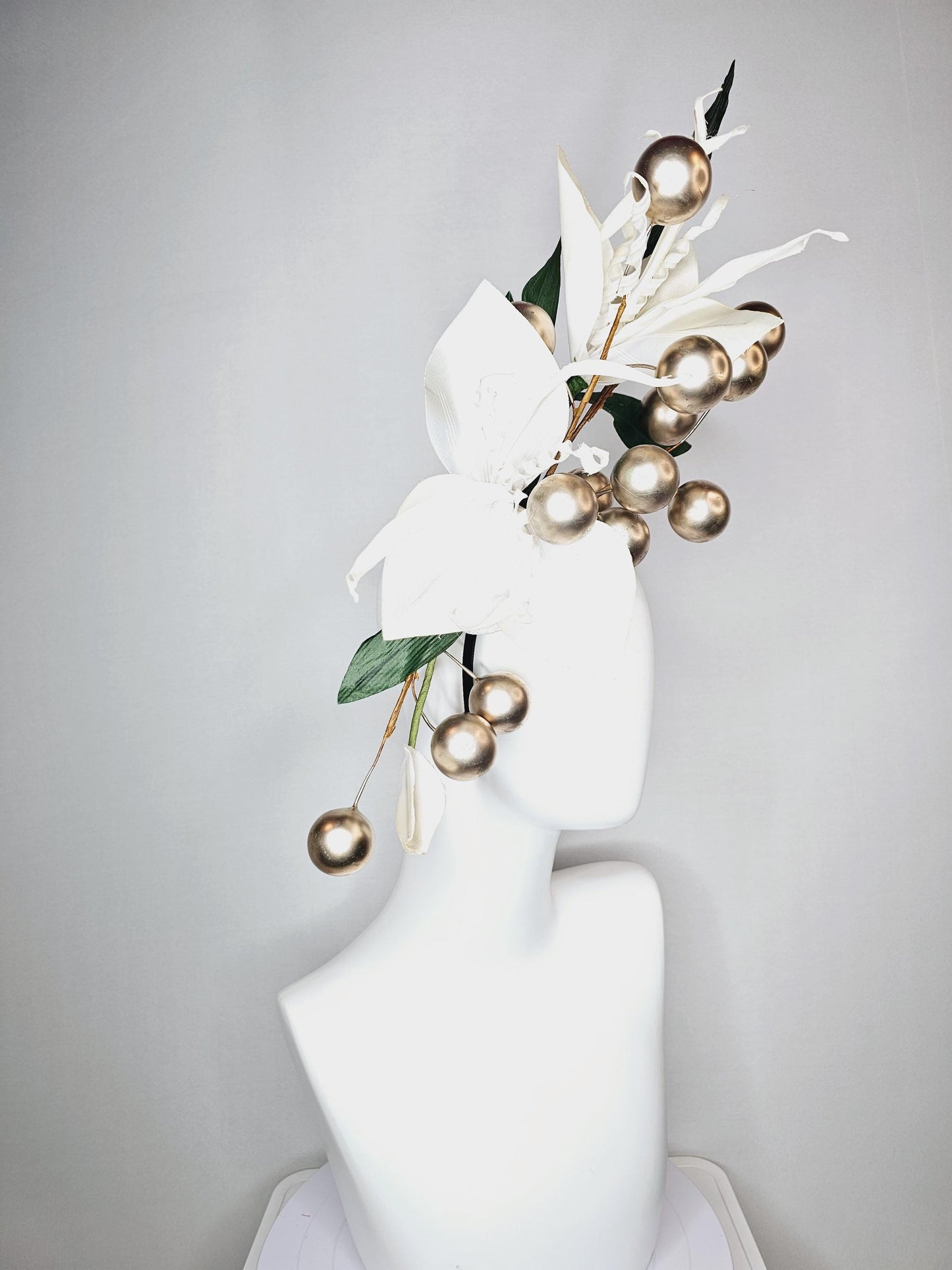 kentucky derby hat fascinator large ivory white satin silk flowers with large dark green leaves and gold pearls