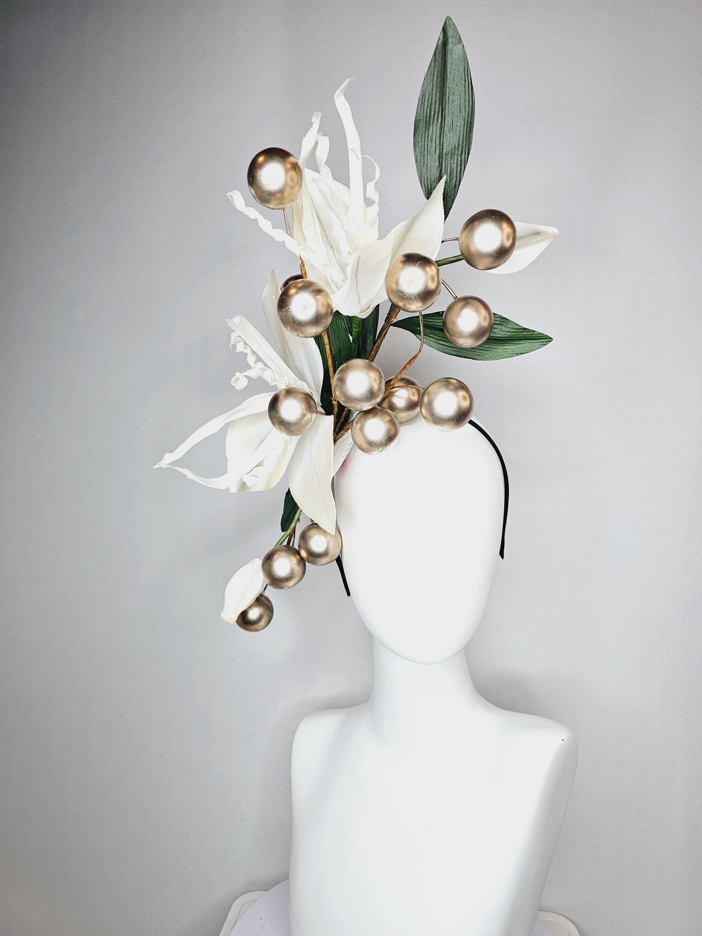 kentucky derby hat fascinator large ivory white satin silk flowers with large dark green leaves and gold pearls